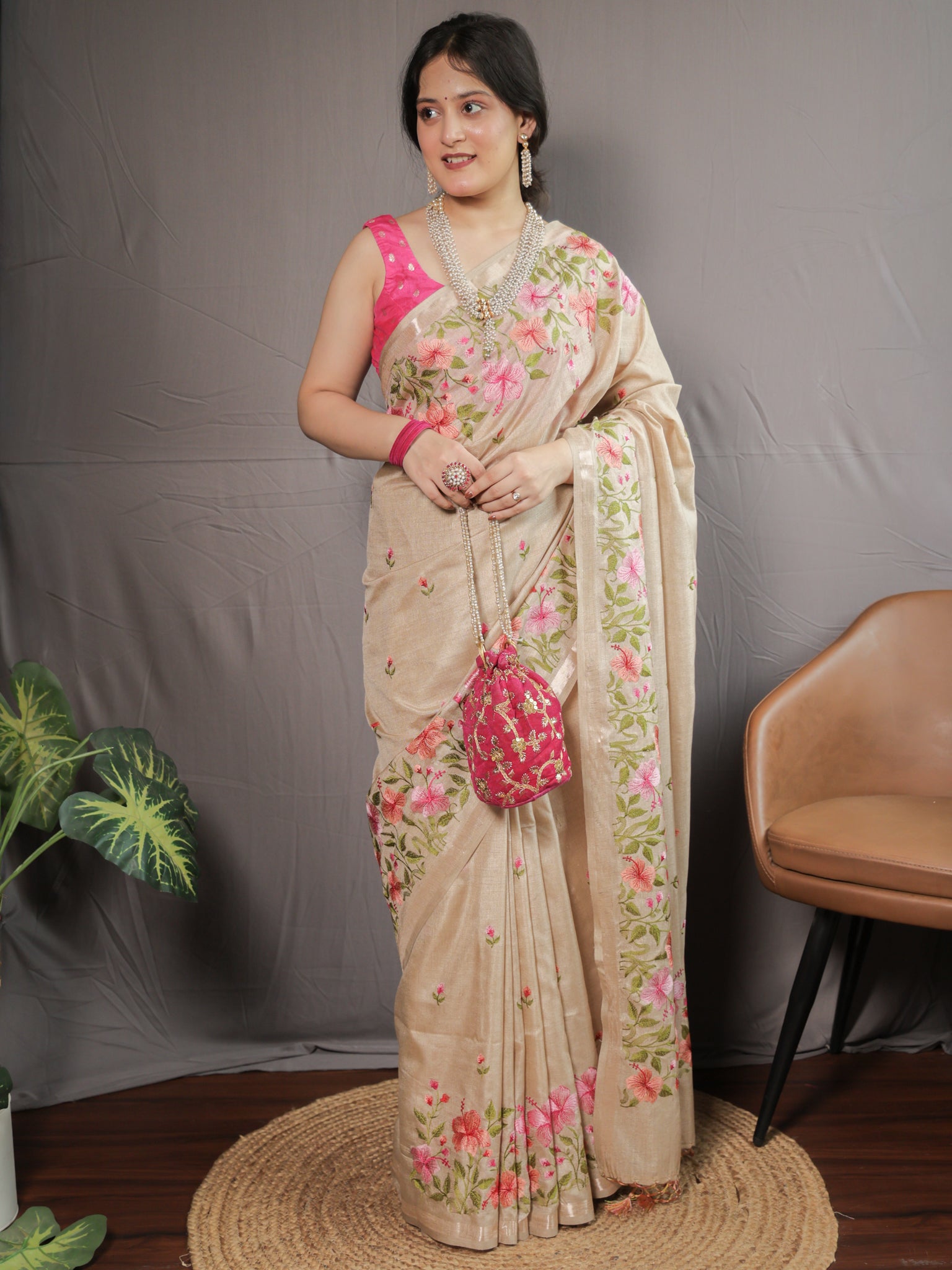 Floral Embroidered Tassar Silk Saree- Beige