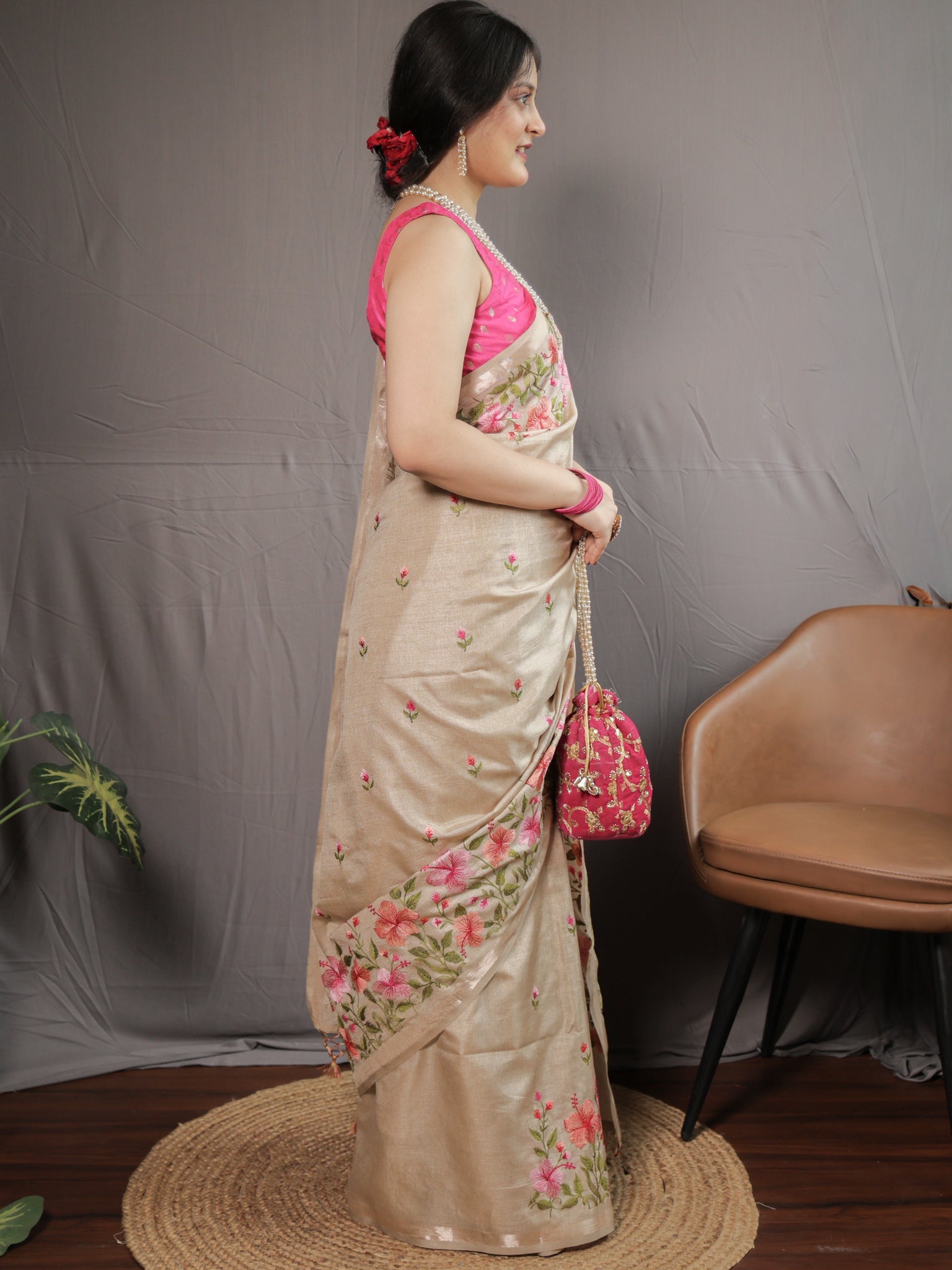 Floral Embroidered Tassar Silk Saree- Beige