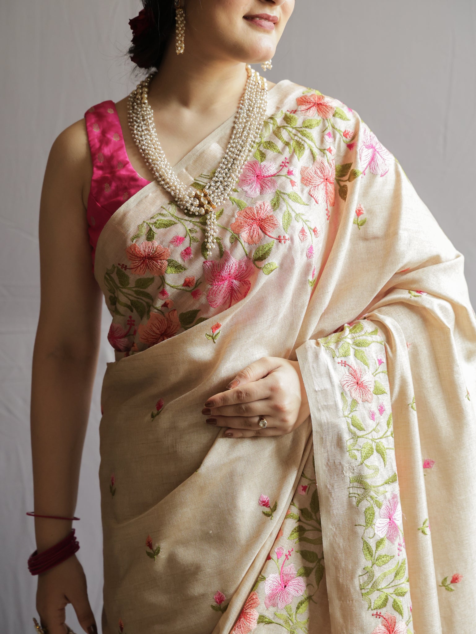 Floral Embroidered Tassar Silk Saree- Beige