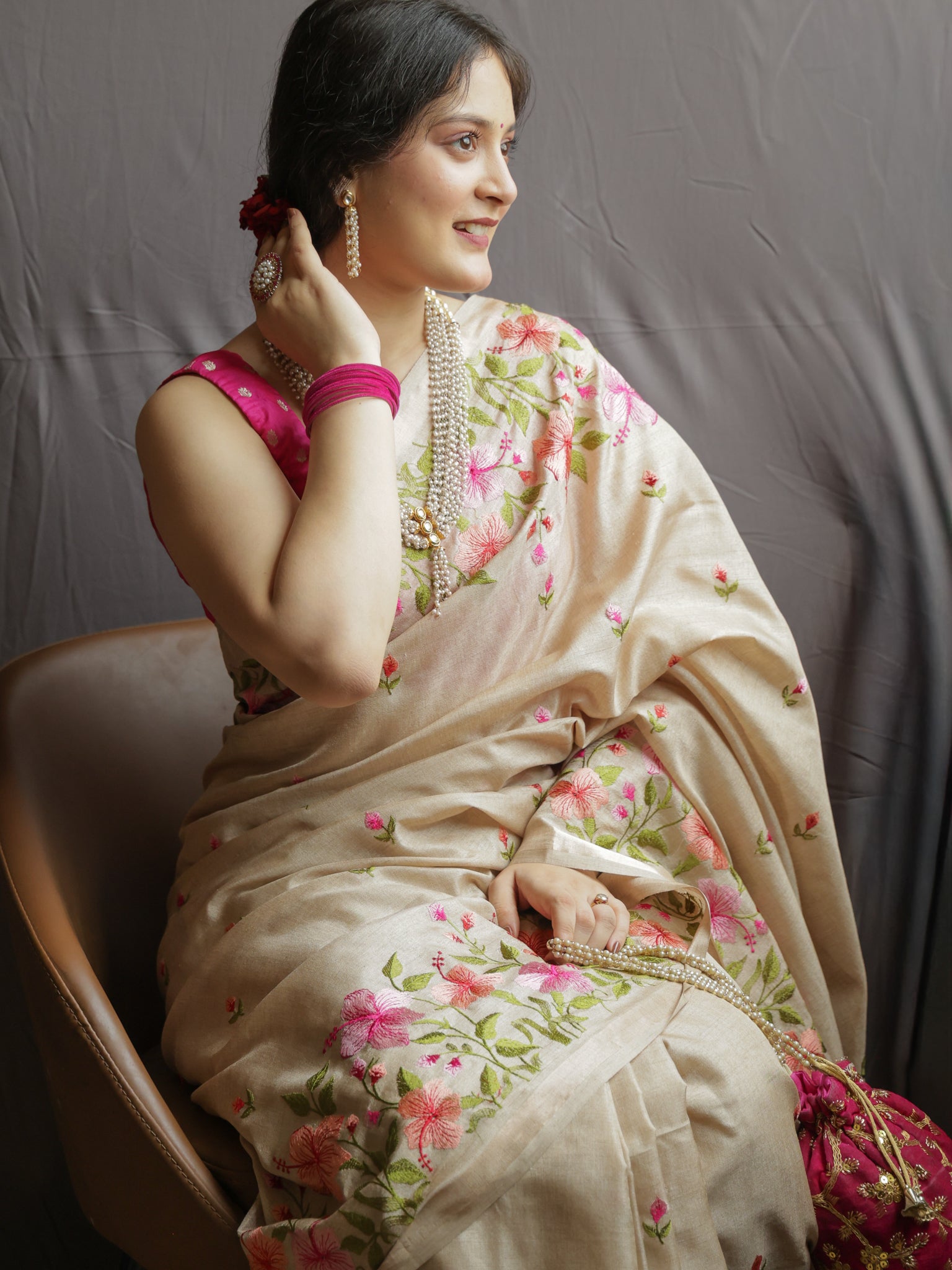 Floral Embroidered Tassar Silk Saree- Beige