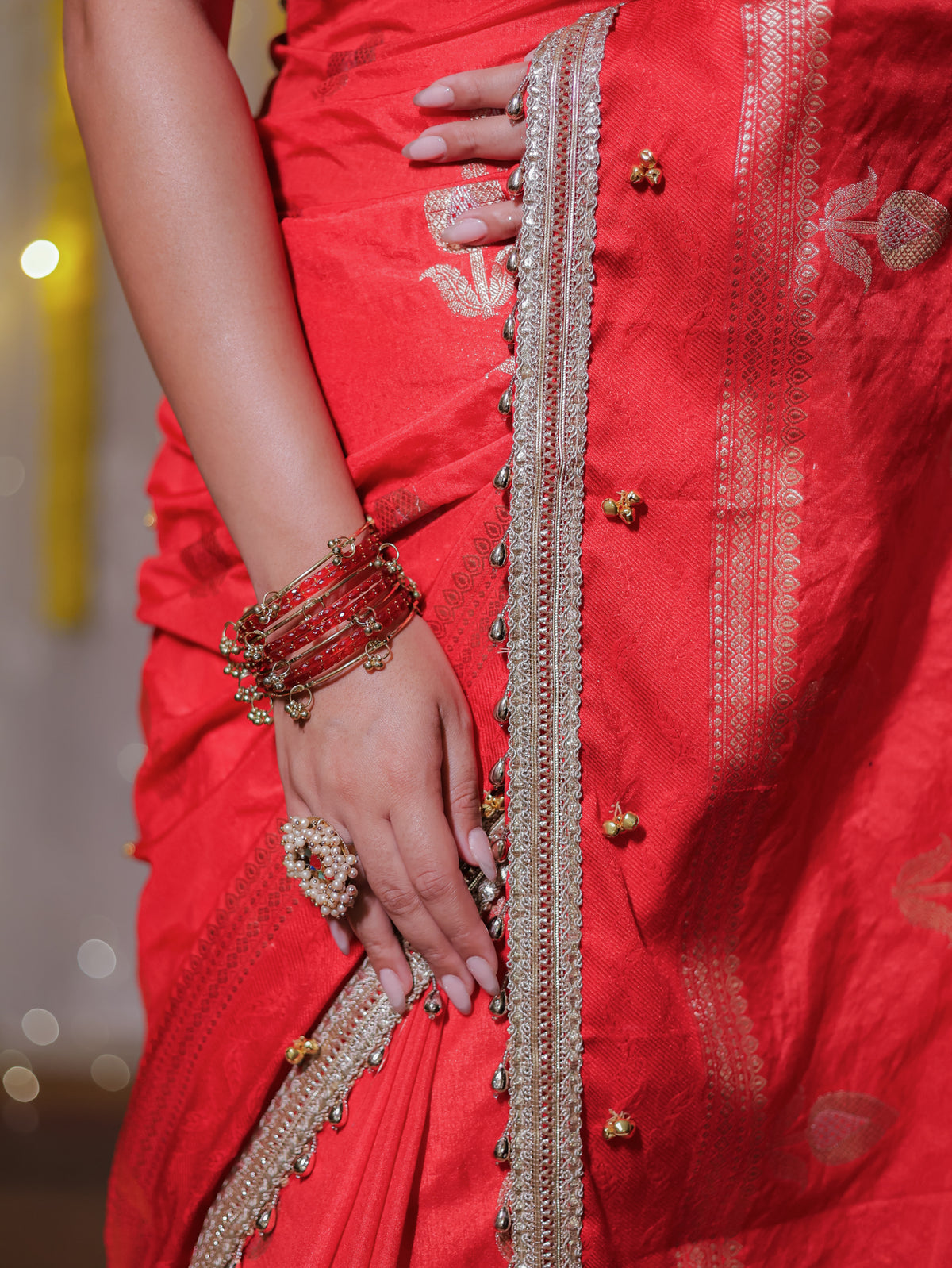 Banarasi Ghungroo Work Silk Saree with Lace Border - Red