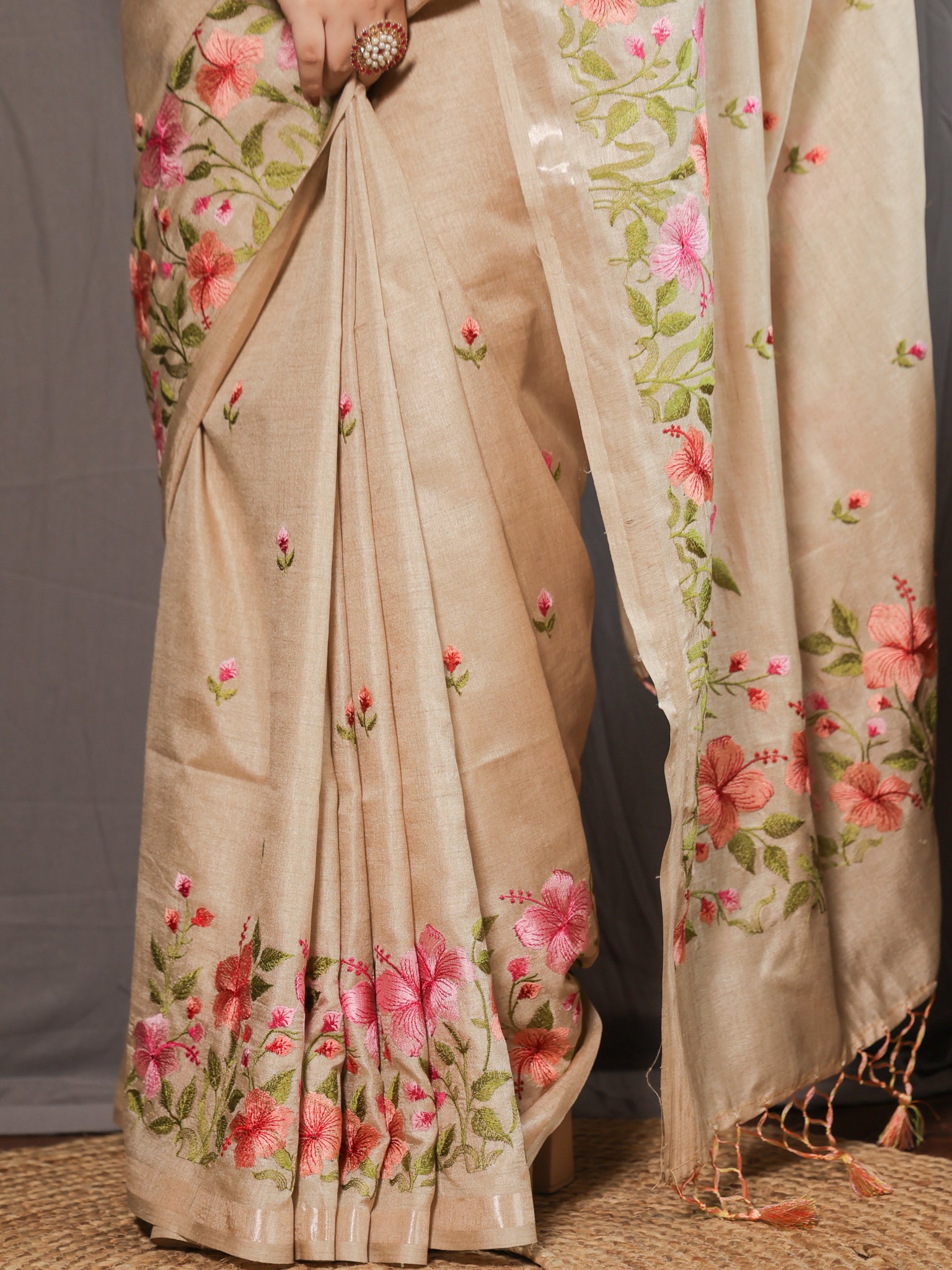 Floral Embroidered Tassar Silk Saree- Beige