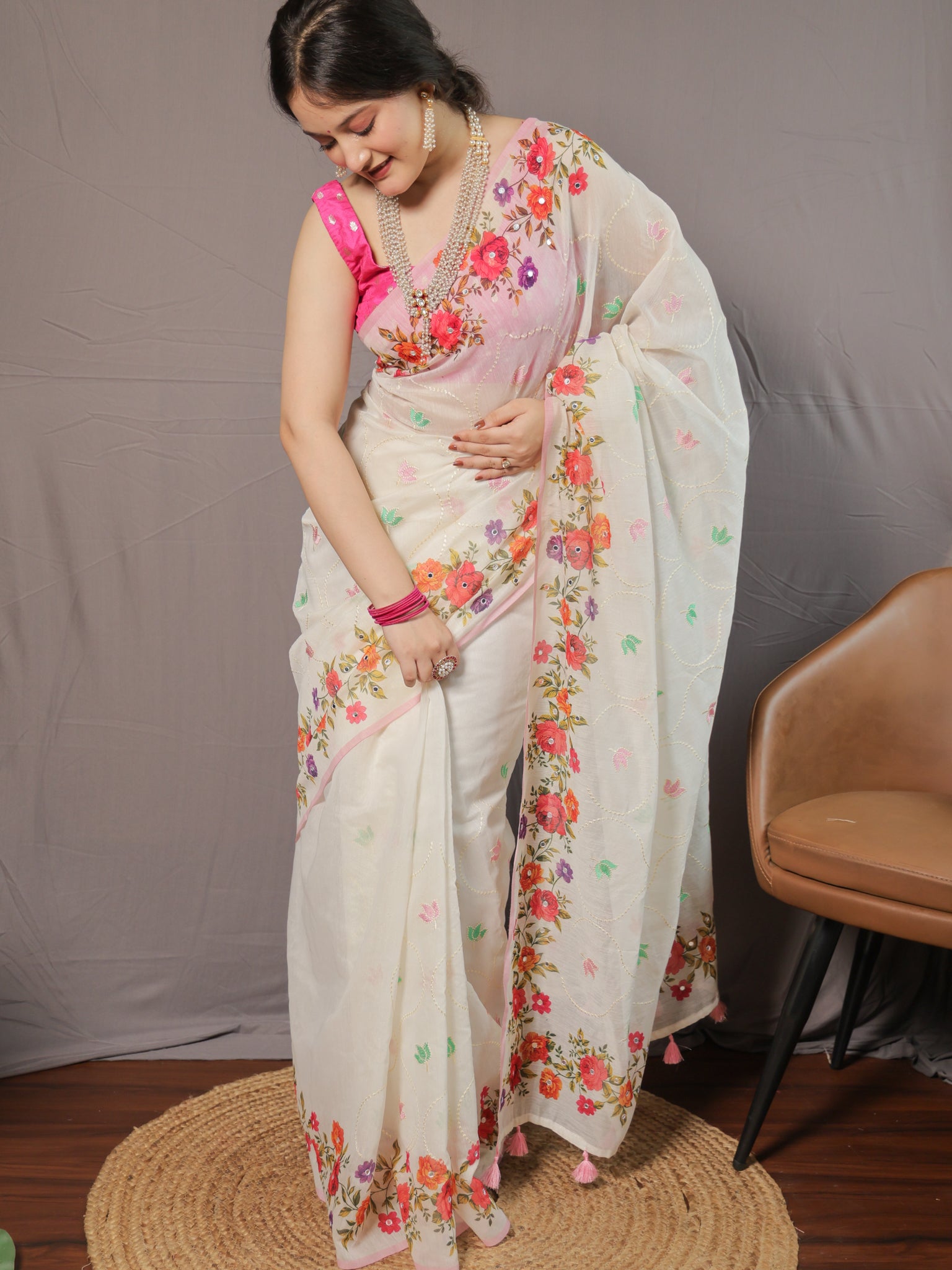 Floral Cotton Saree with Mirror Work- White
