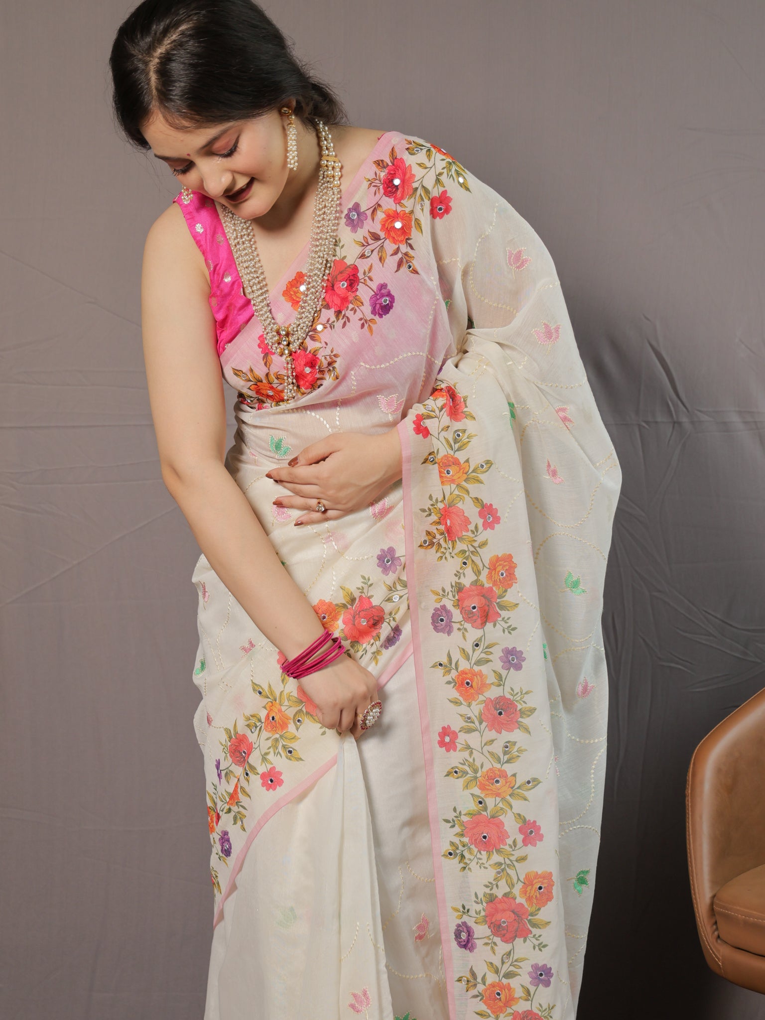 Floral Cotton Saree with Mirror Work- White