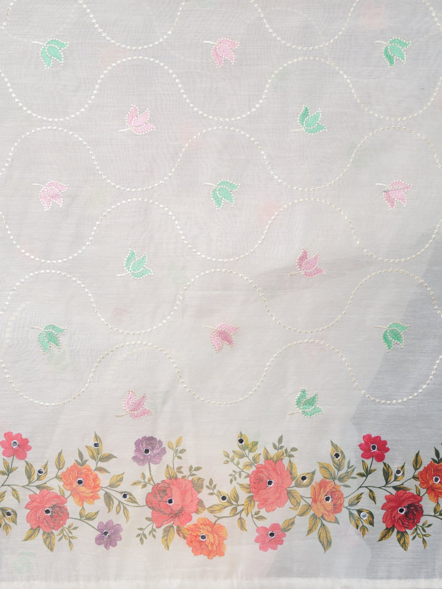 Floral Cotton Saree with Mirror Work- White