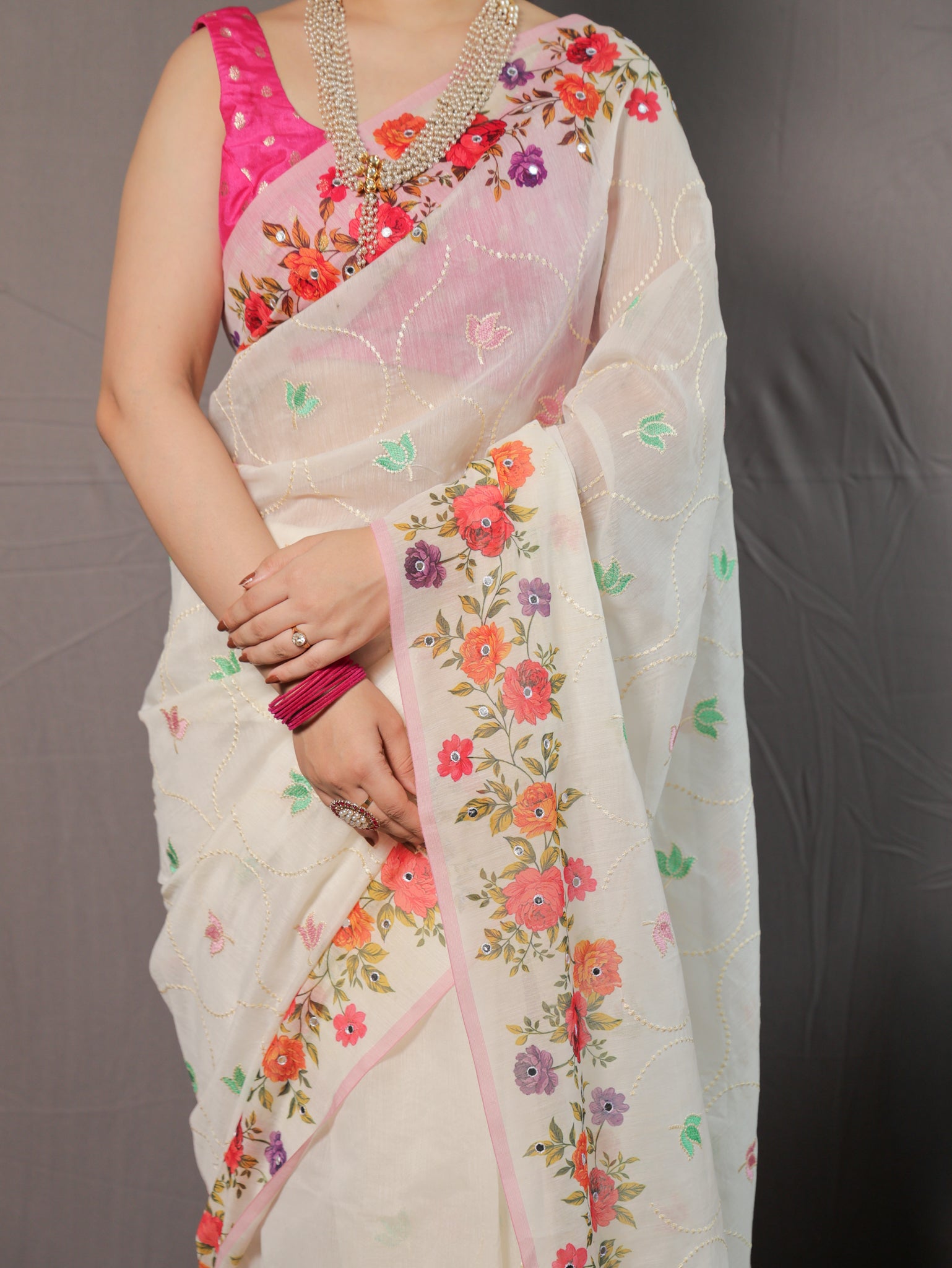 Floral Cotton Saree with Mirror Work- White