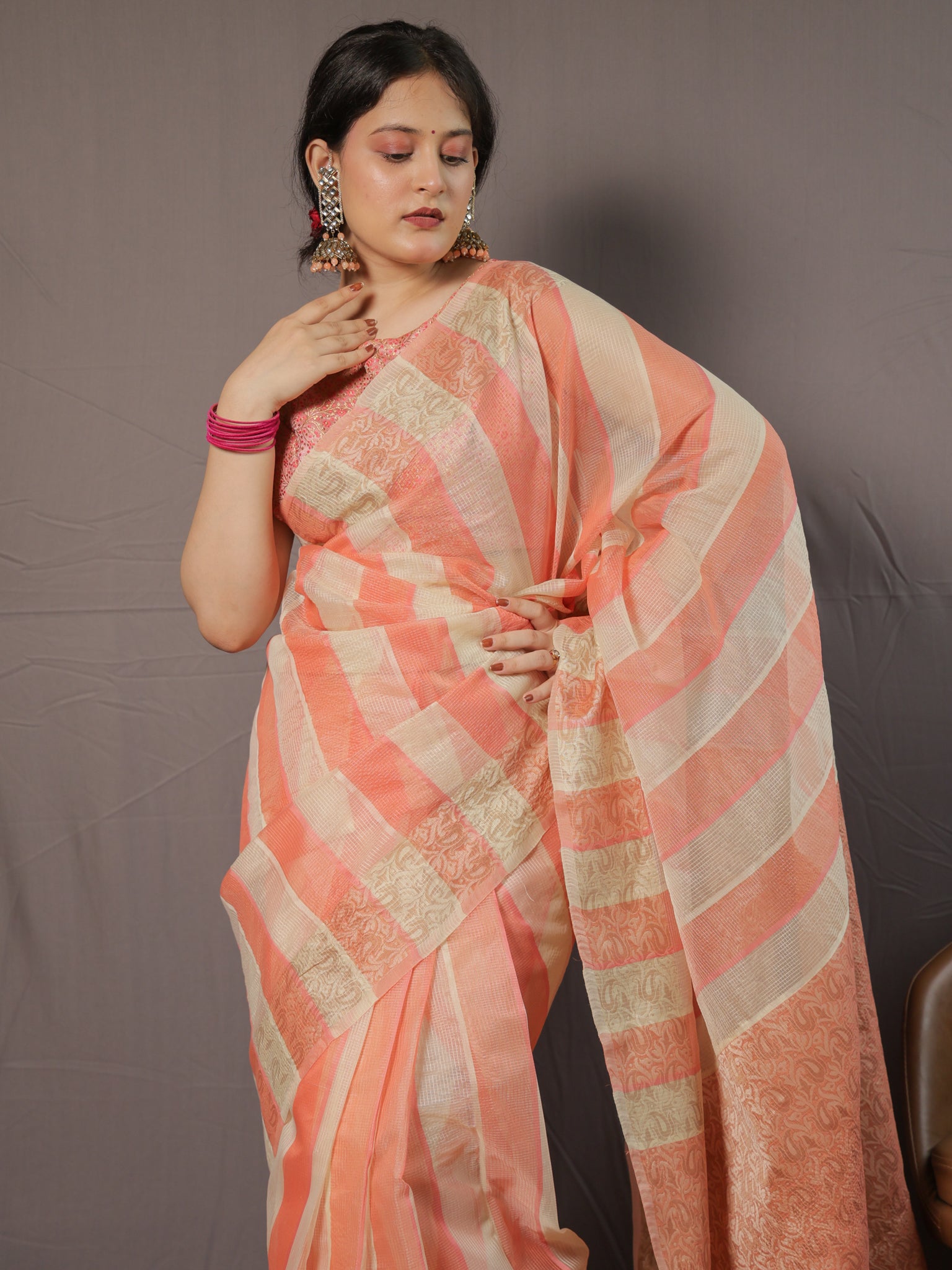 Banarasi Kota Check Saree with Resham Weaving Border- Orange