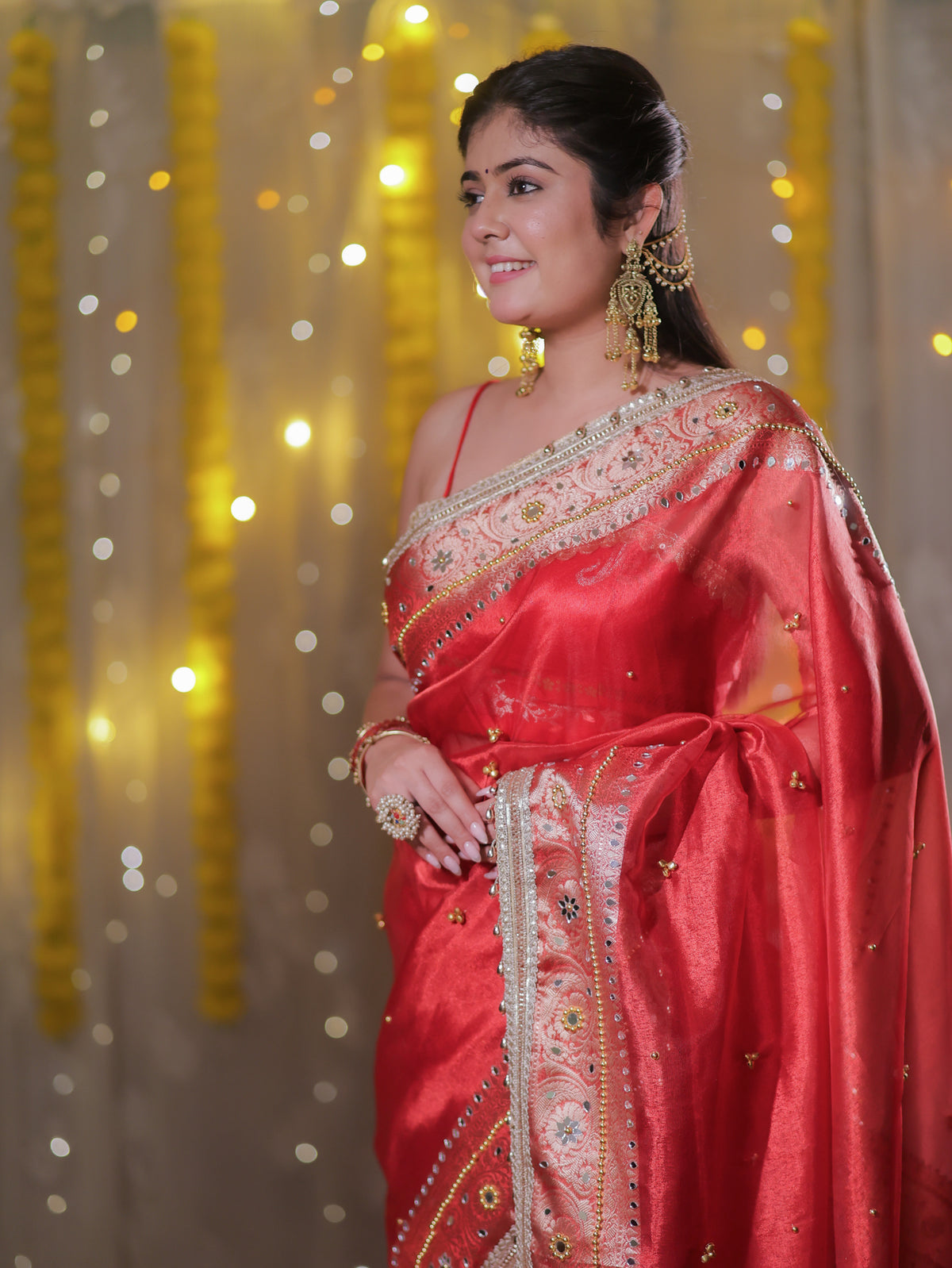 Banarasi Ghungroo Work Tissue Saree with Lace Border - Red