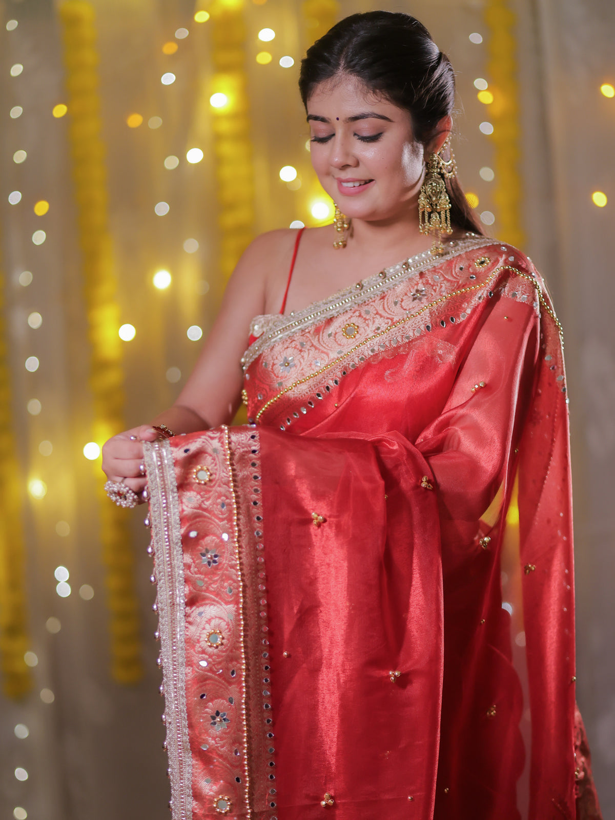 Banarasi Ghungroo Work Tissue Saree with Lace Border - Red