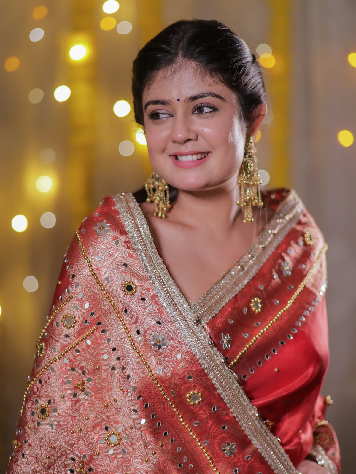 Banarasi Ghungroo Work Tissue Saree with Lace Border - Red