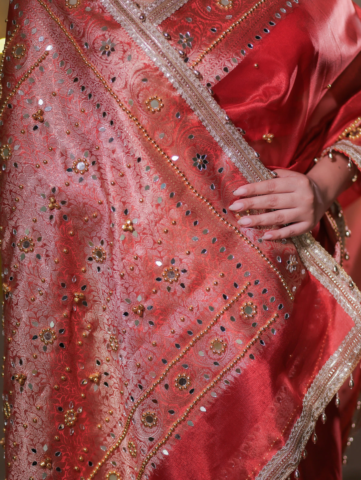 Banarasi Ghungroo Work Tissue Saree with Lace Border - Red