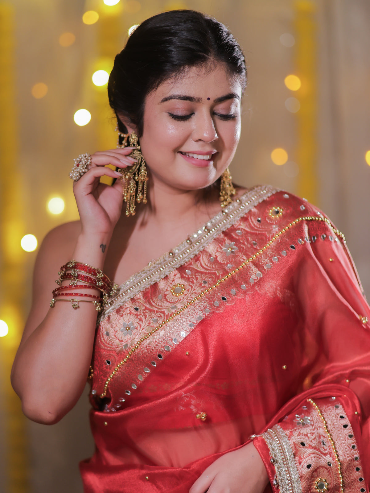 Banarasi Ghungroo Work Tissue Saree with Lace Border - Red