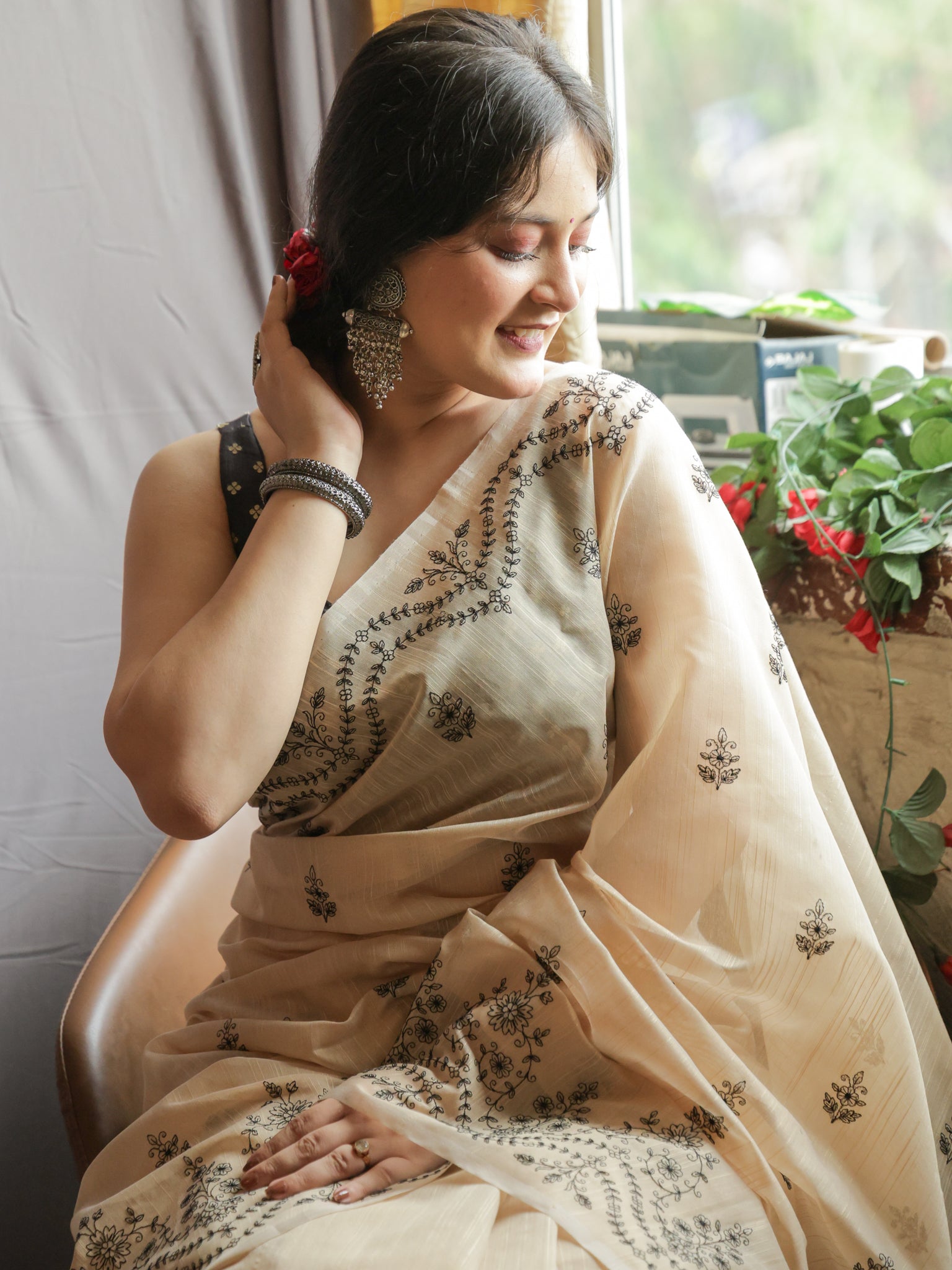 Cotton Saree with embroidery - Beige