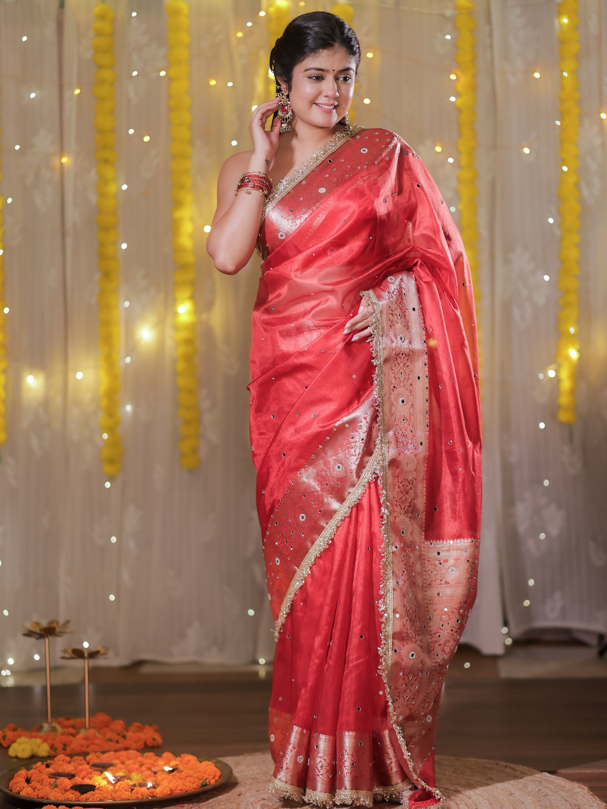 Banarasi Mirror Work Tissue Saree with Lace Border - Red