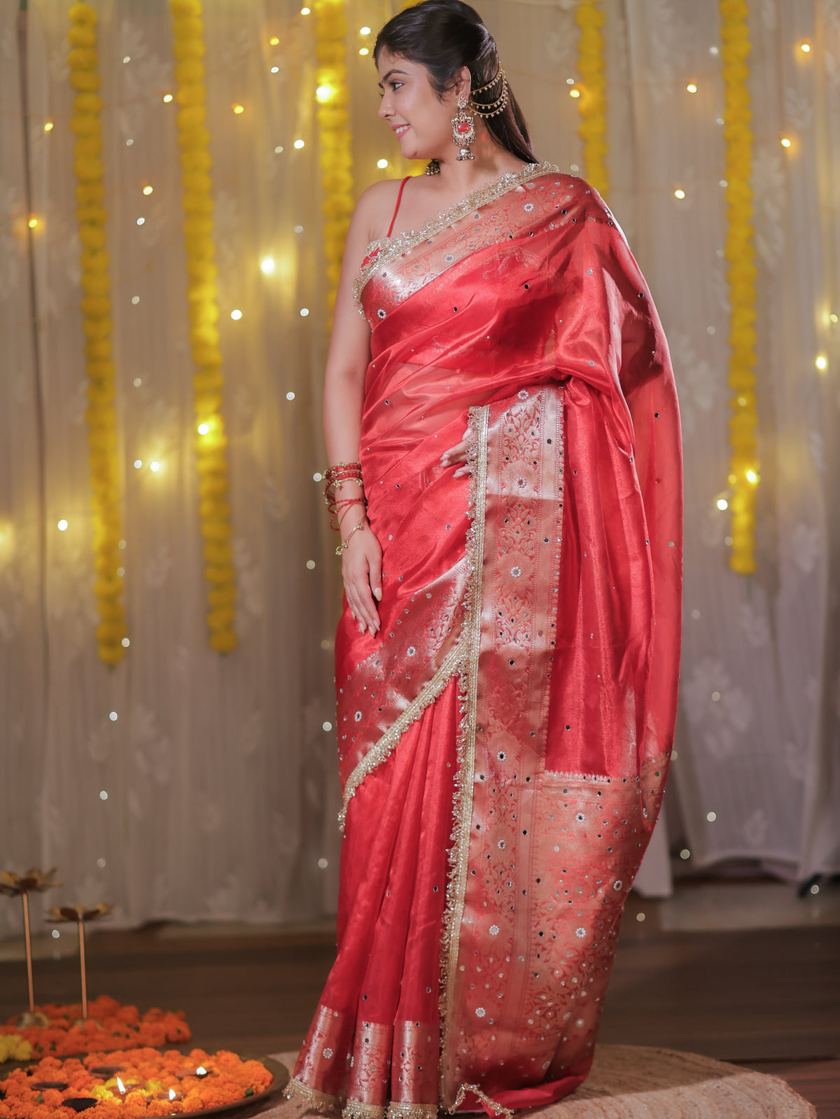Banarasi Mirror Work Tissue Saree with Lace Border - Red
