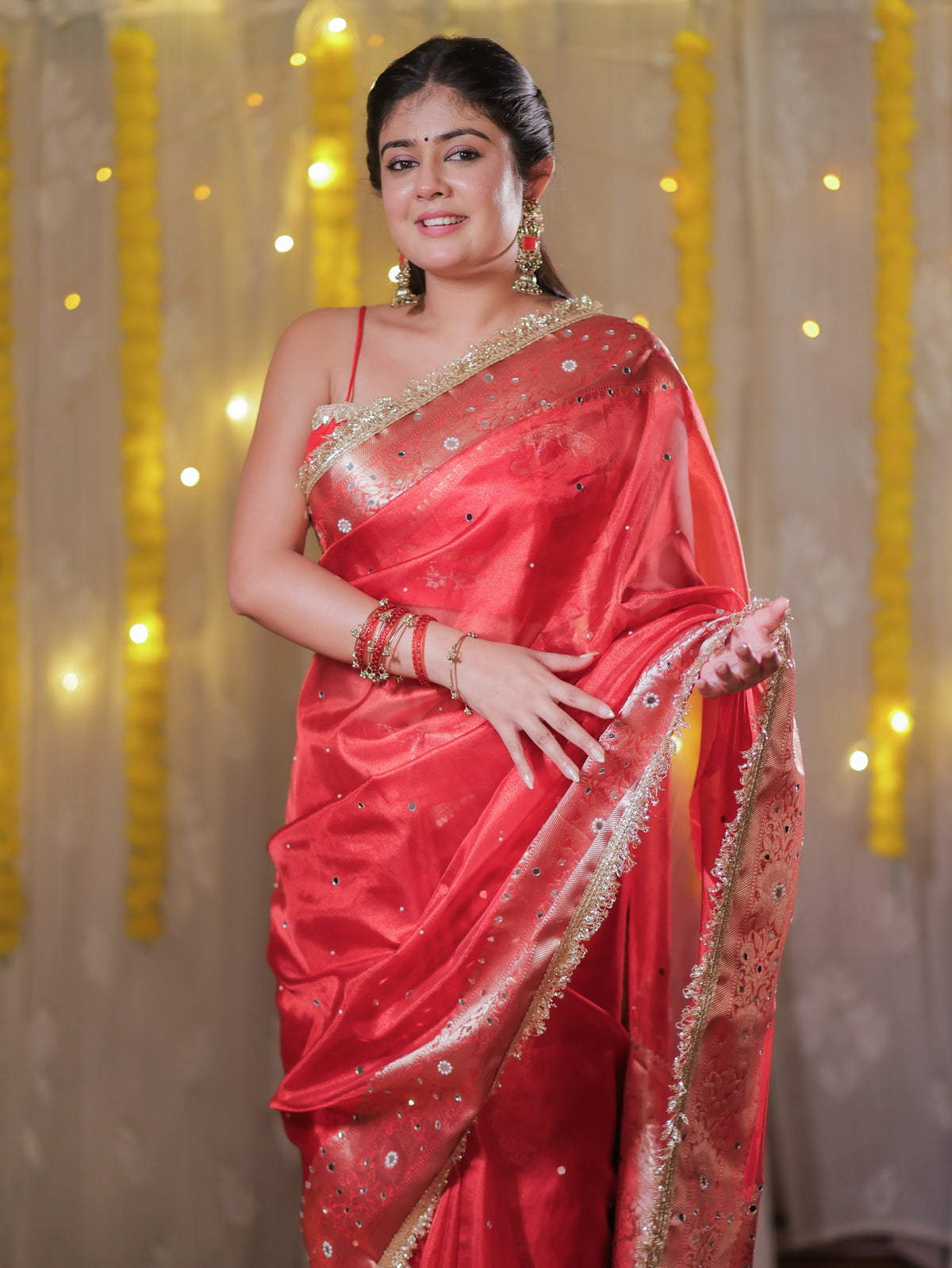 Banarasi Mirror Work Tissue Saree with Lace Border - Red