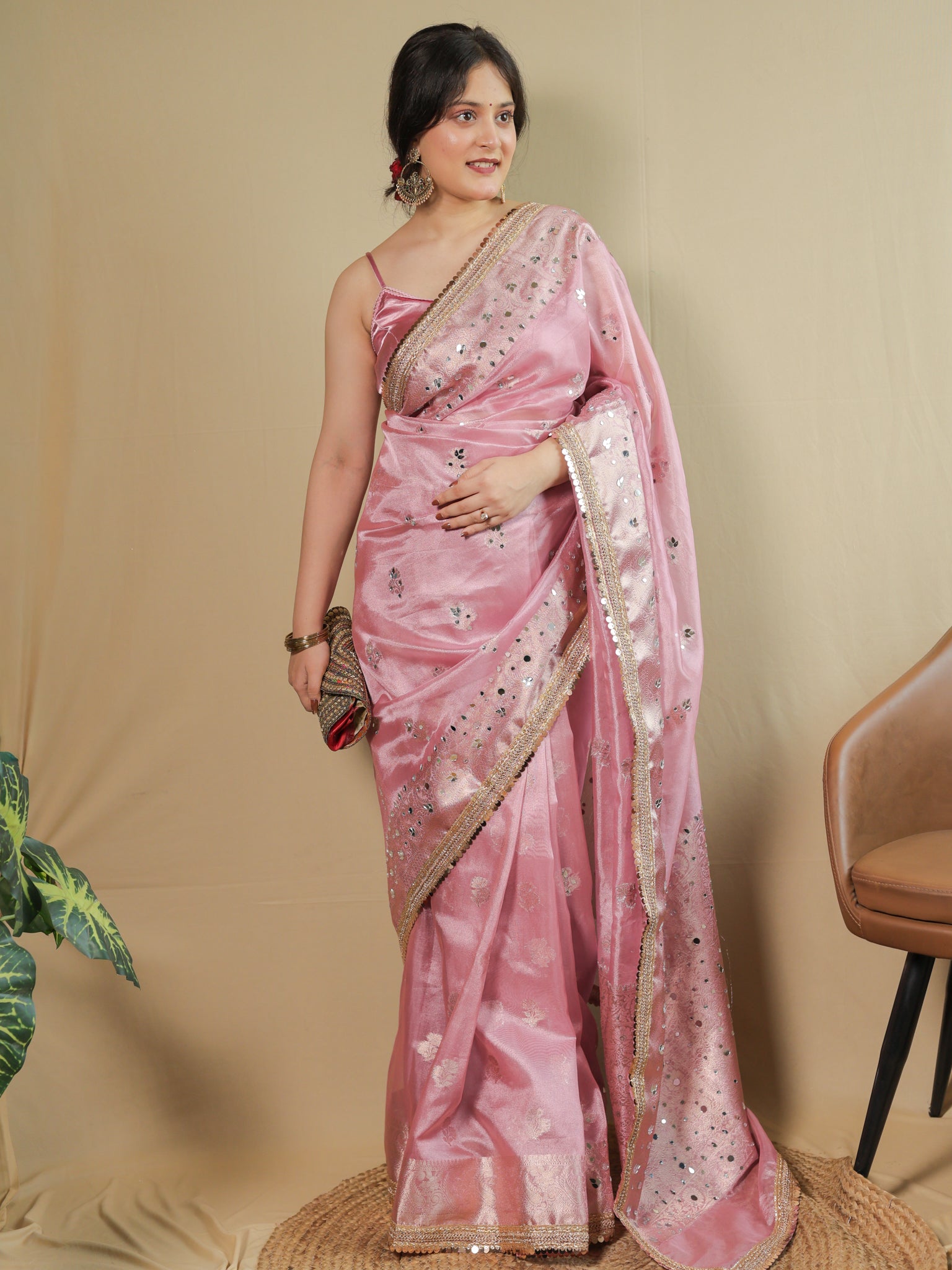 Banarasi Tissue Saree With Mirror Work & Lace Border - Pink