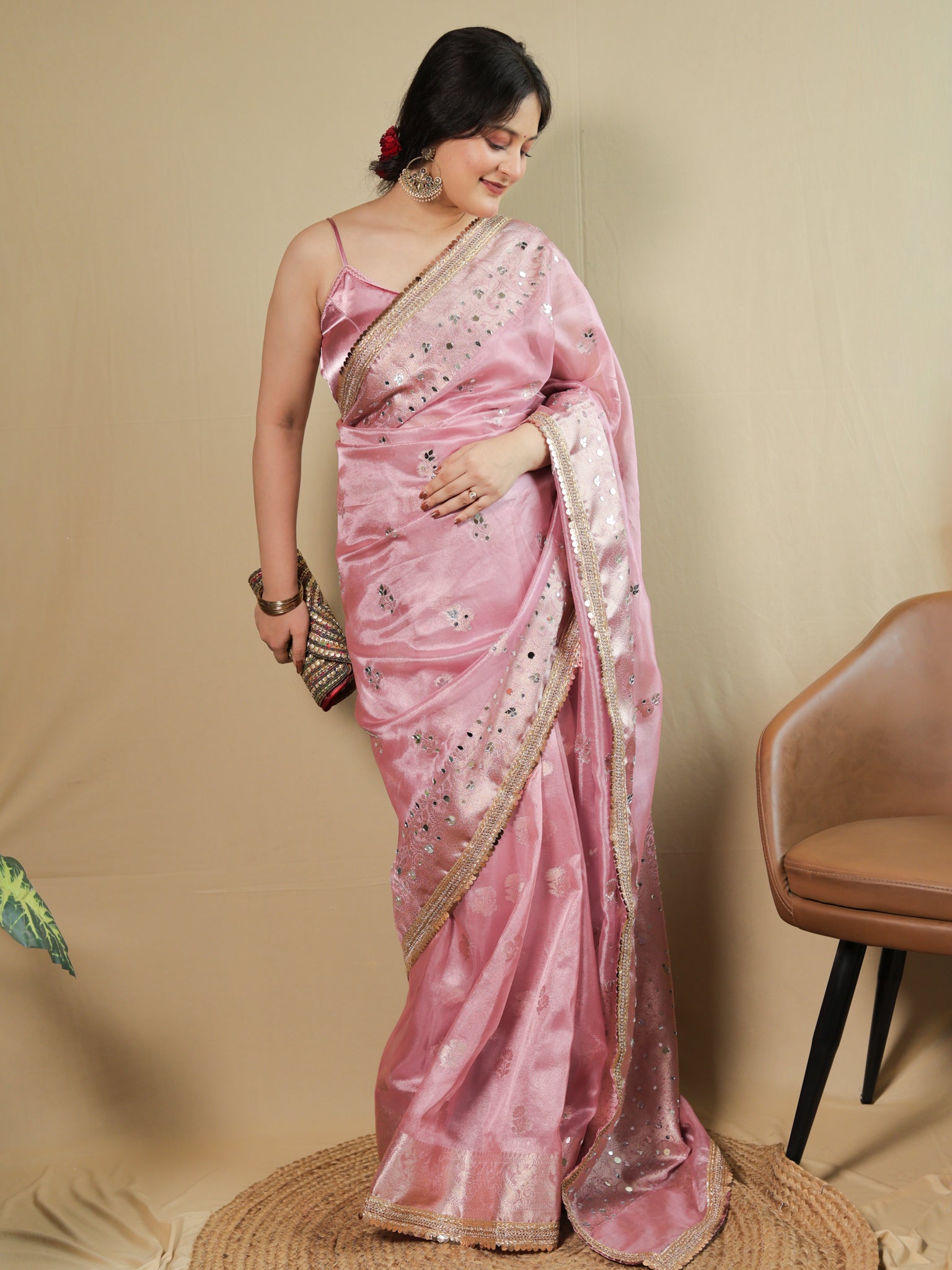 Banarasi Tissue Saree With Mirror Work & Lace Border - Pink