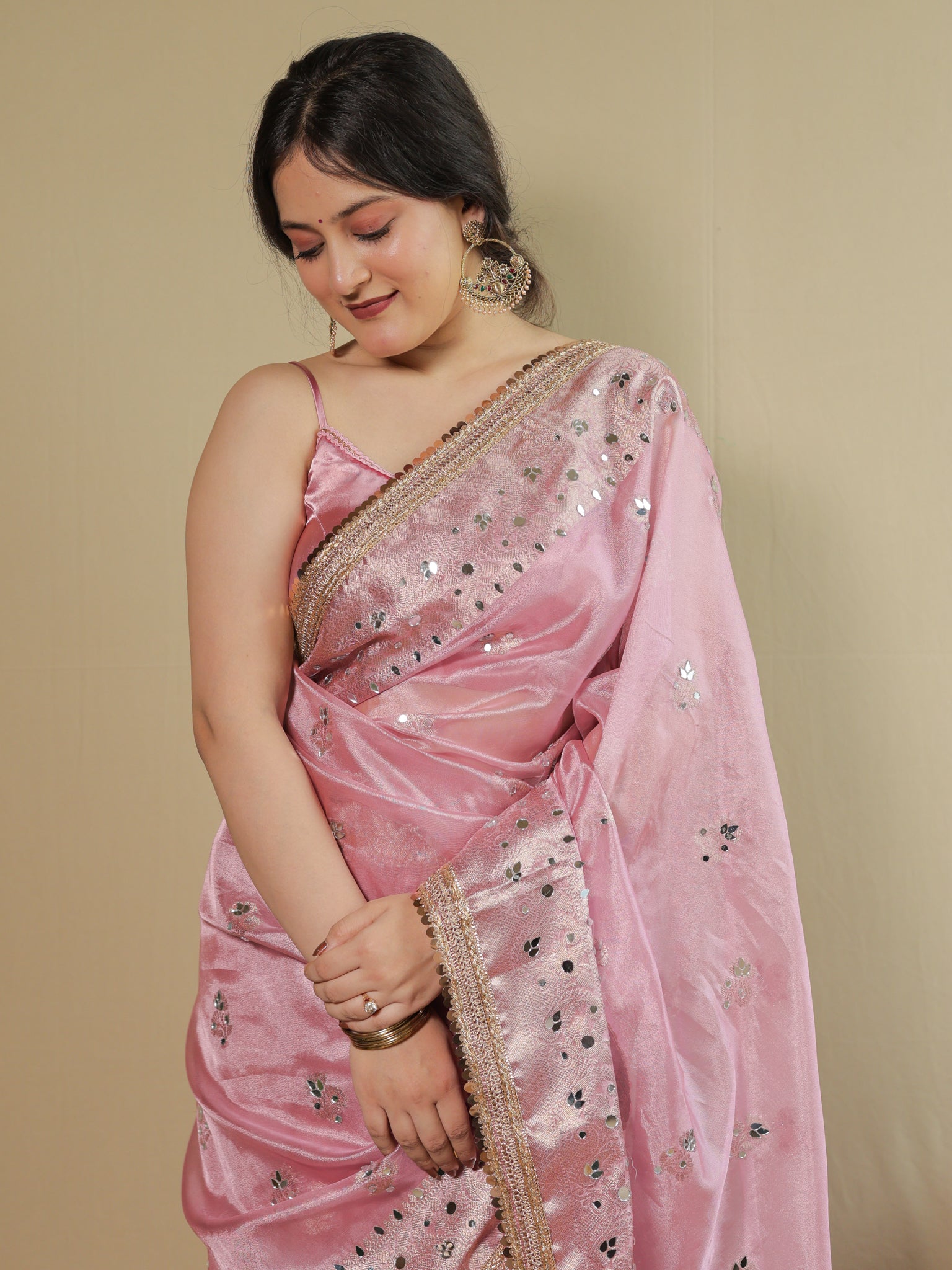 Banarasi Tissue Saree With Mirror Work & Lace Border - Pink