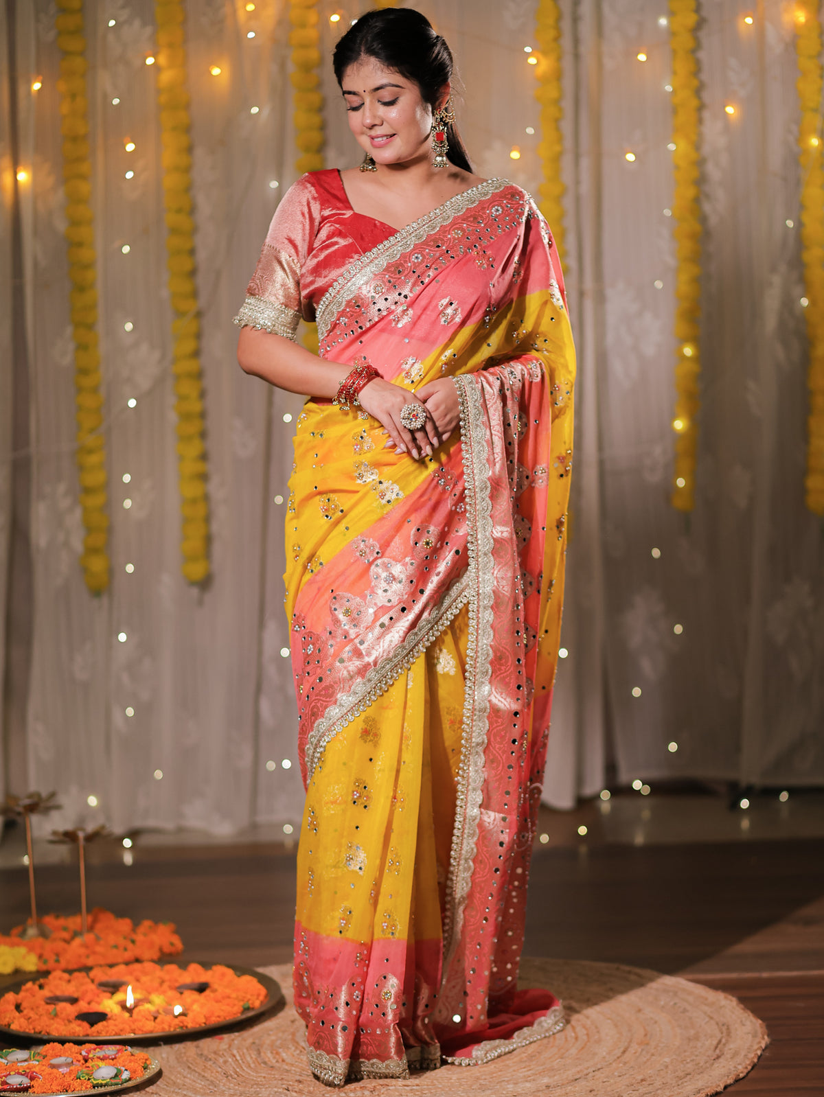 Banarasi Mirror Work Tissue Dual Shade Saree with Lace Border - Yellow