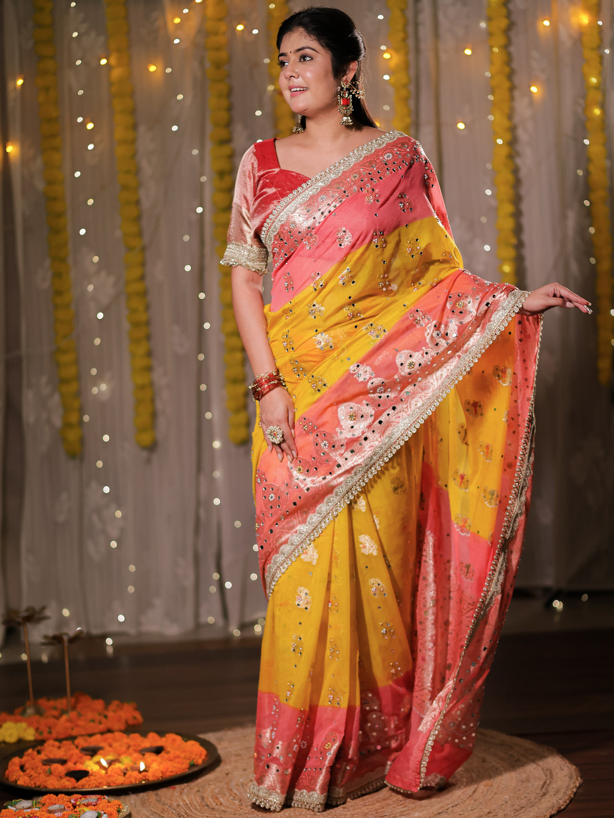 Banarasi Mirror Work Tissue Dual Shade Saree with Lace Border - Yellow