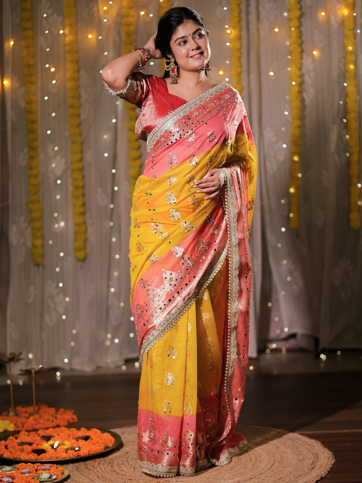 Banarasi Mirror Work Tissue Dual Shade Saree with Lace Border - Yellow