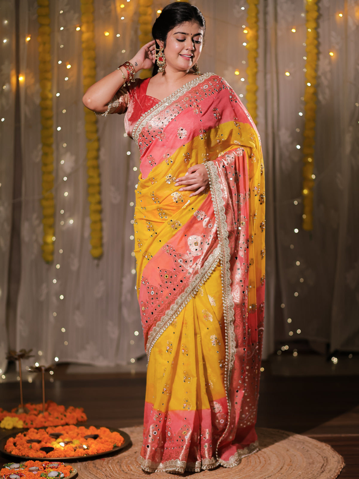 Banarasi Mirror Work Tissue Dual Shade Saree with Lace Border - Yellow