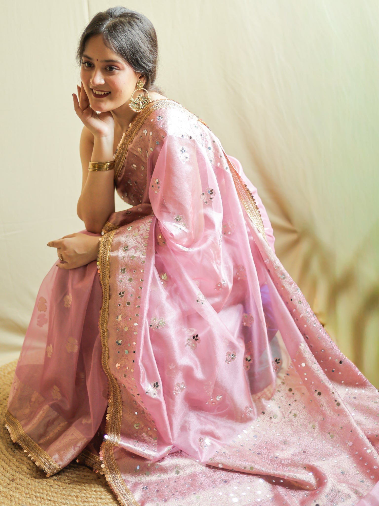 Banarasi Tissue Saree With Mirror Work & Lace Border - Pink