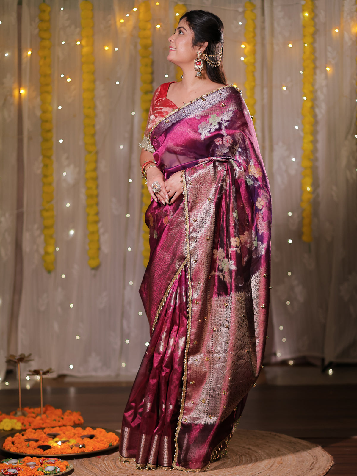 Banarasi Tissue Saree With Floral Weaving & Lace Border- Wine