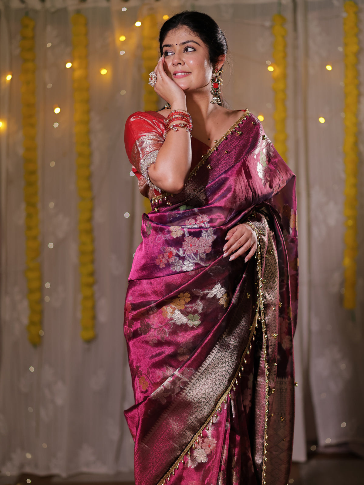 Banarasi Tissue Saree With Floral Weaving & Lace Border- Wine
