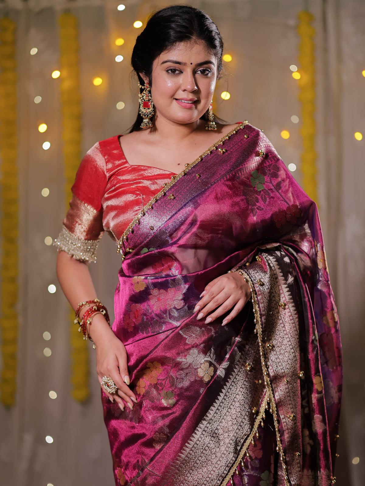 Banarasi Tissue Saree With Floral Weaving & Lace Border- Wine