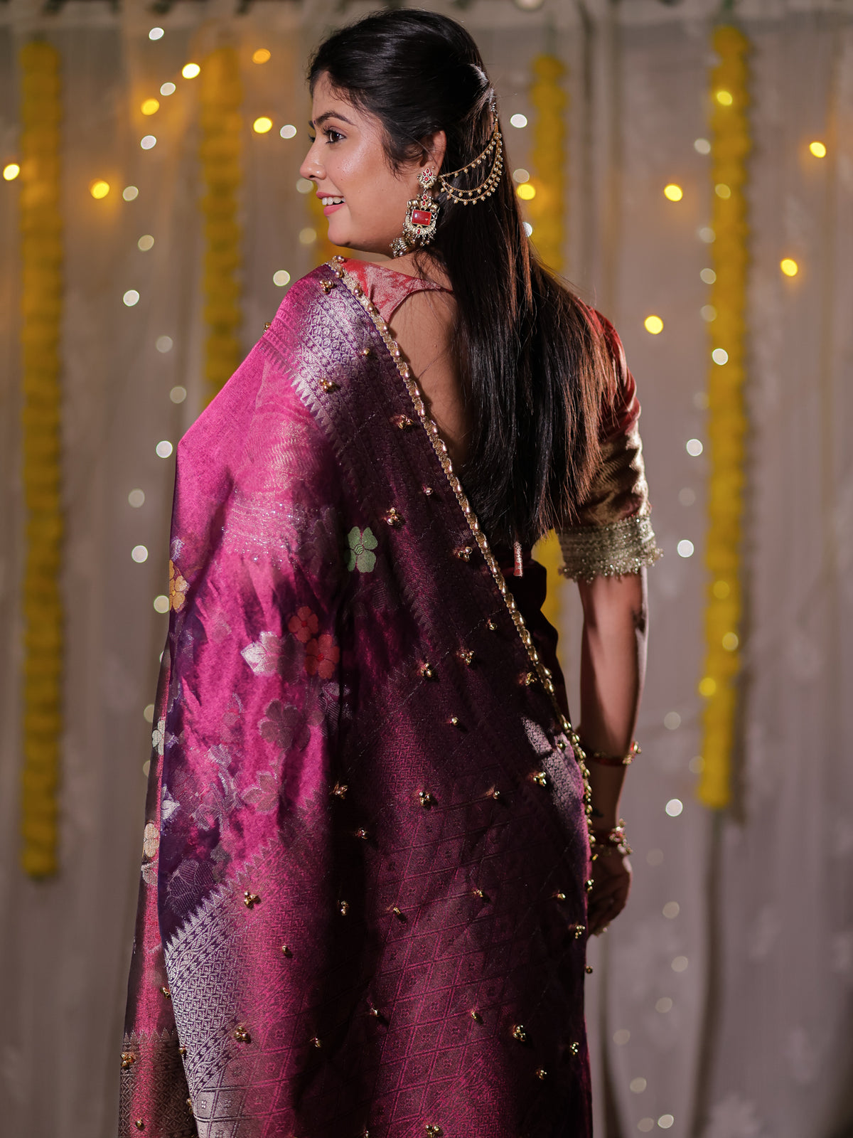 Banarasi Tissue Saree With Floral Weaving & Lace Border- Wine