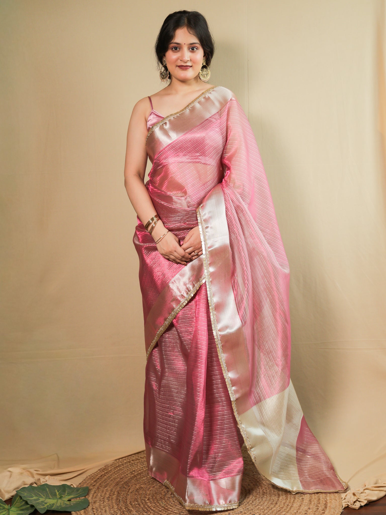 Banarasi Tissue Saree with Lace Border- Pink