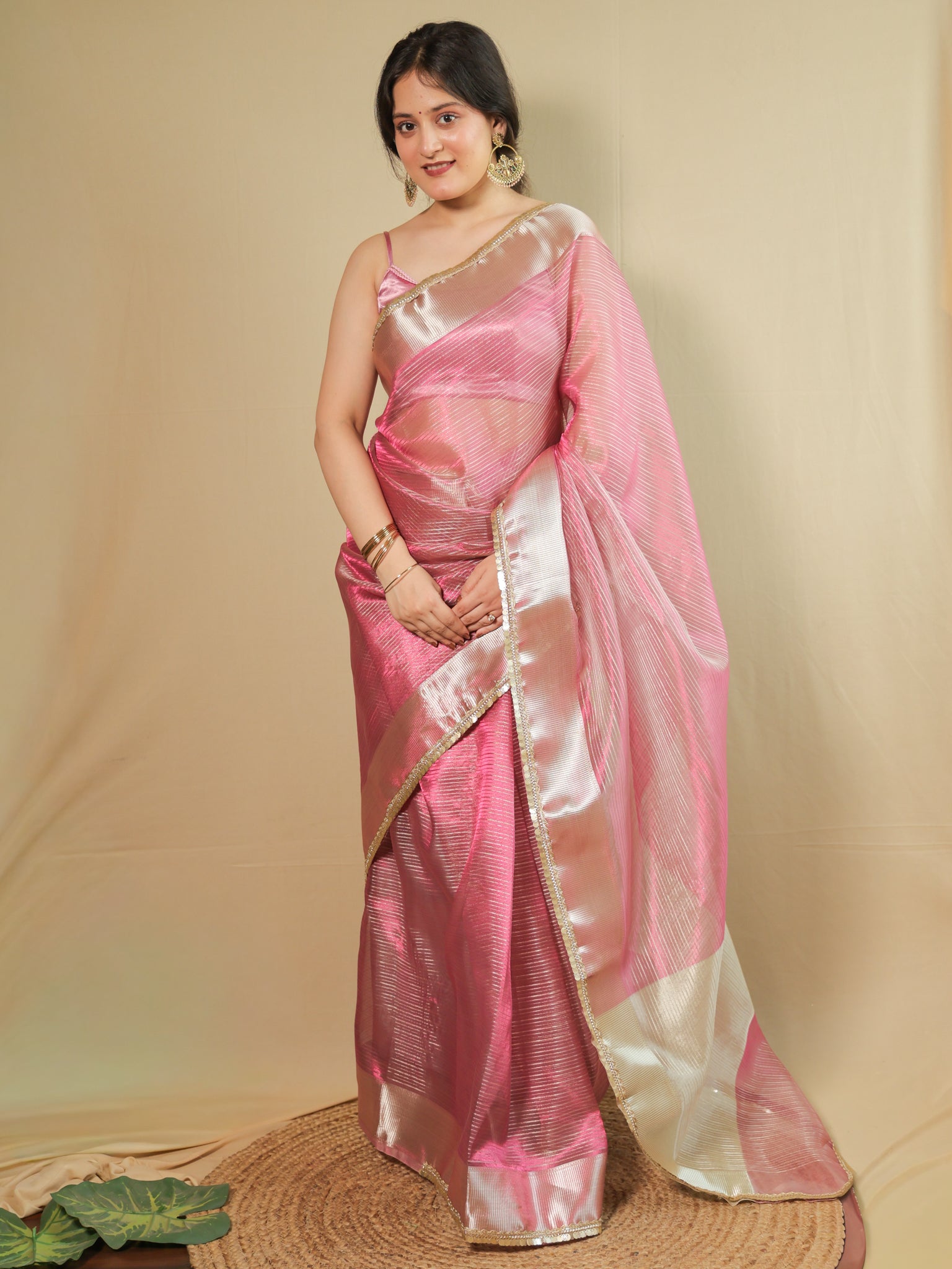 Banarasi Tissue Saree with Lace Border- Pink