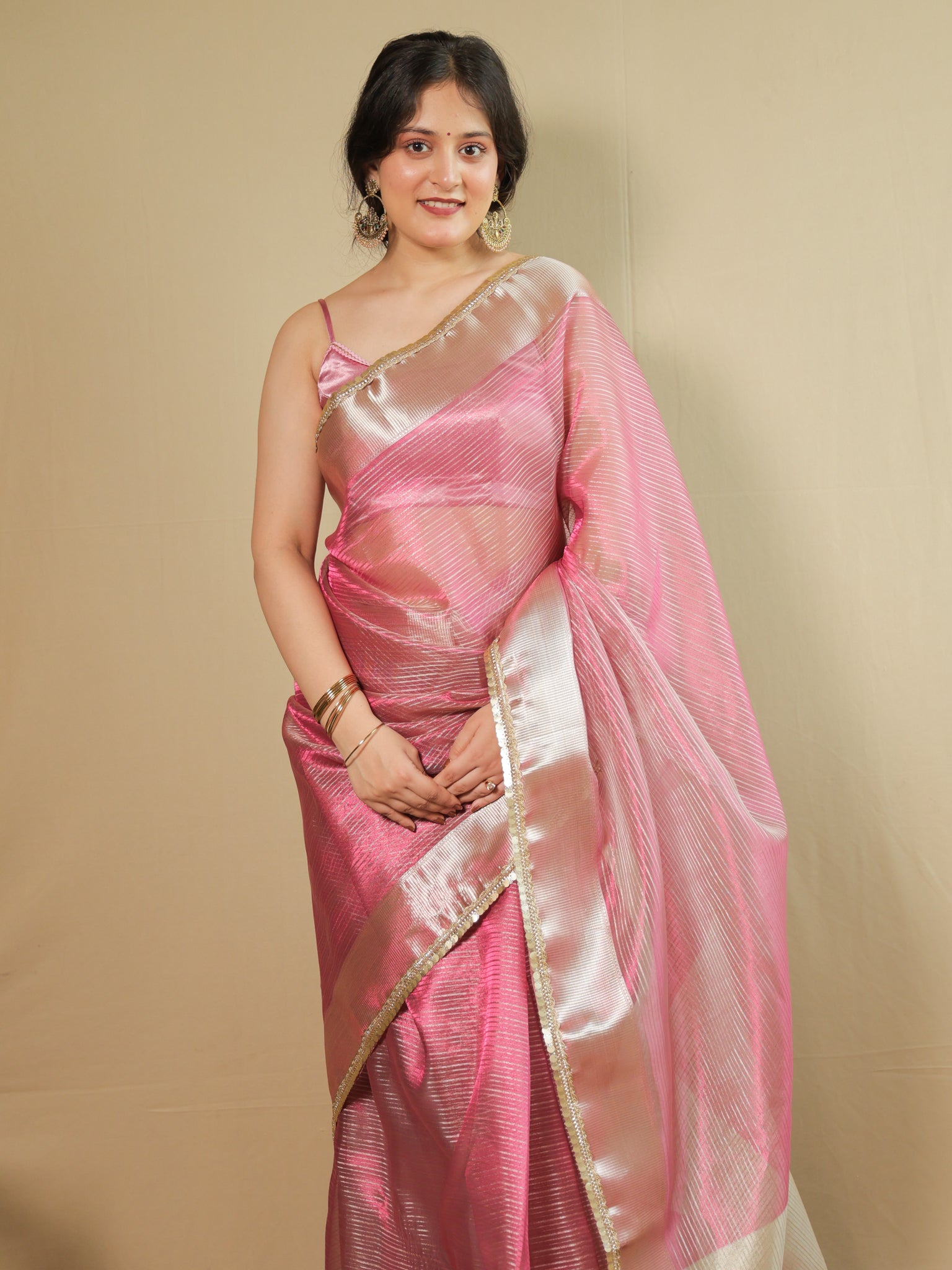 Banarasi Tissue Saree with Lace Border- Pink