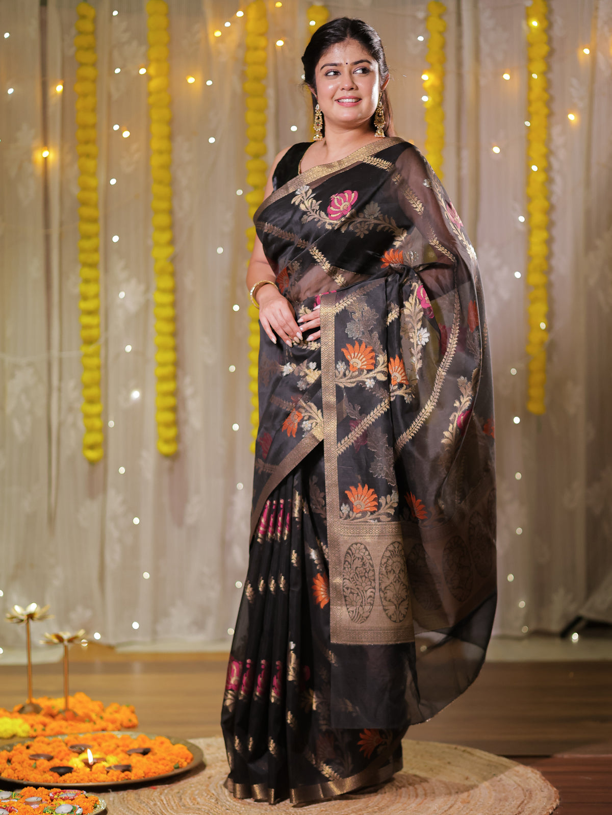 Banarasi Cotton Mix Saree with Zari Weaving & Border- Black