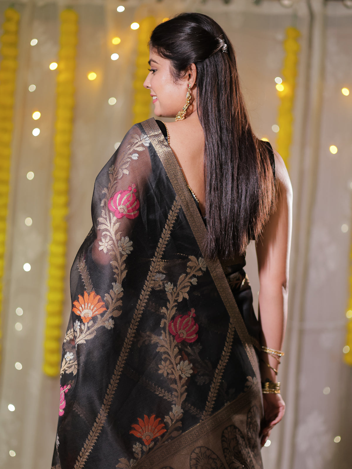 Banarasi Cotton Mix Saree with Zari Weaving & Border- Black