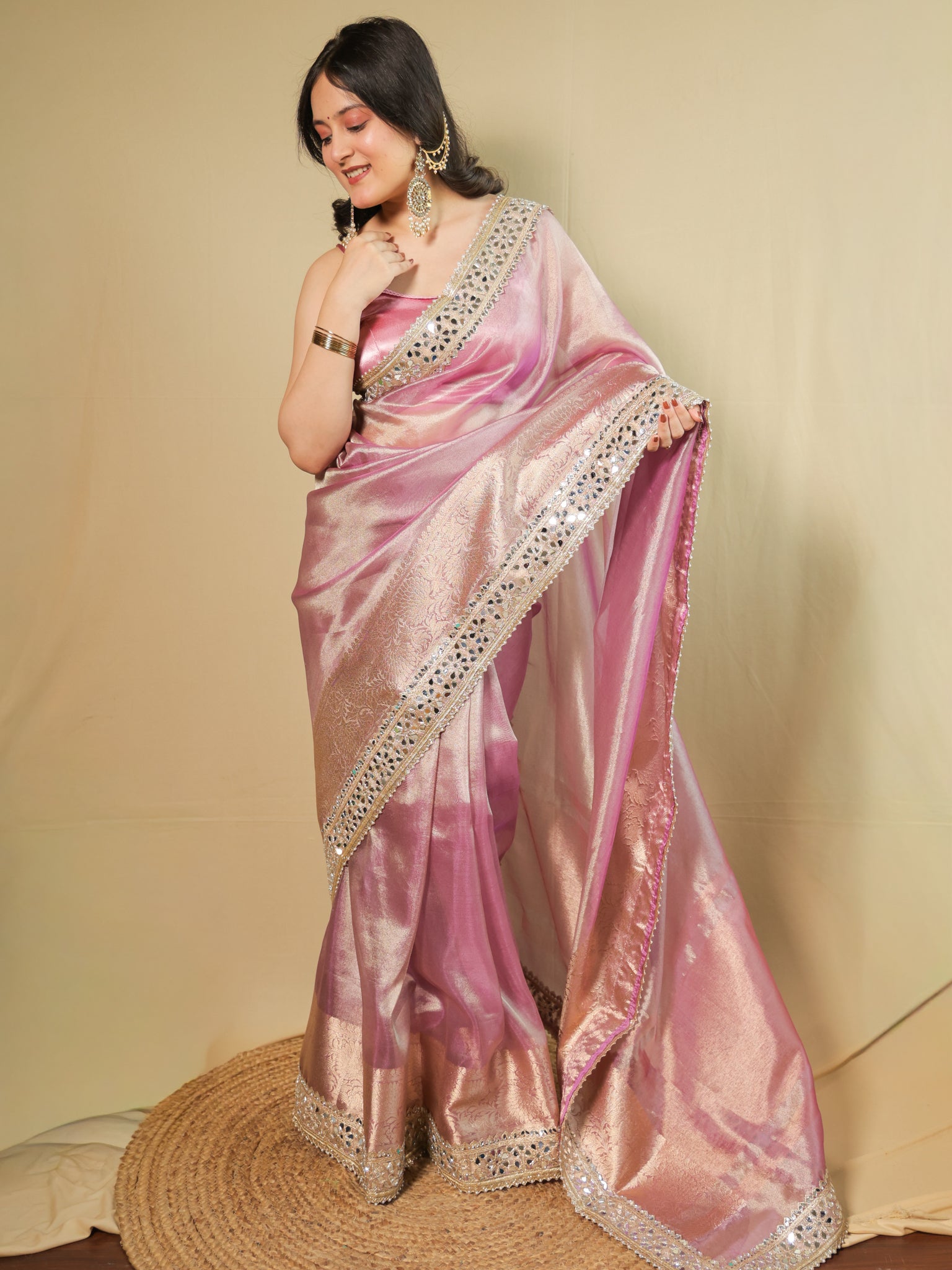 Banarasi Plain Tissue Saree with Mirror Lace Border - Pink