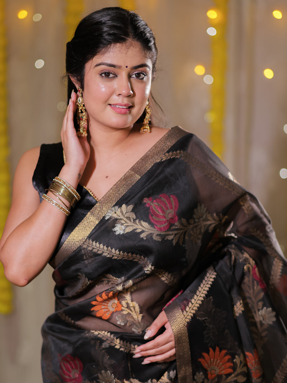 Banarasi Cotton Mix Saree with Zari Weaving & Border- Black