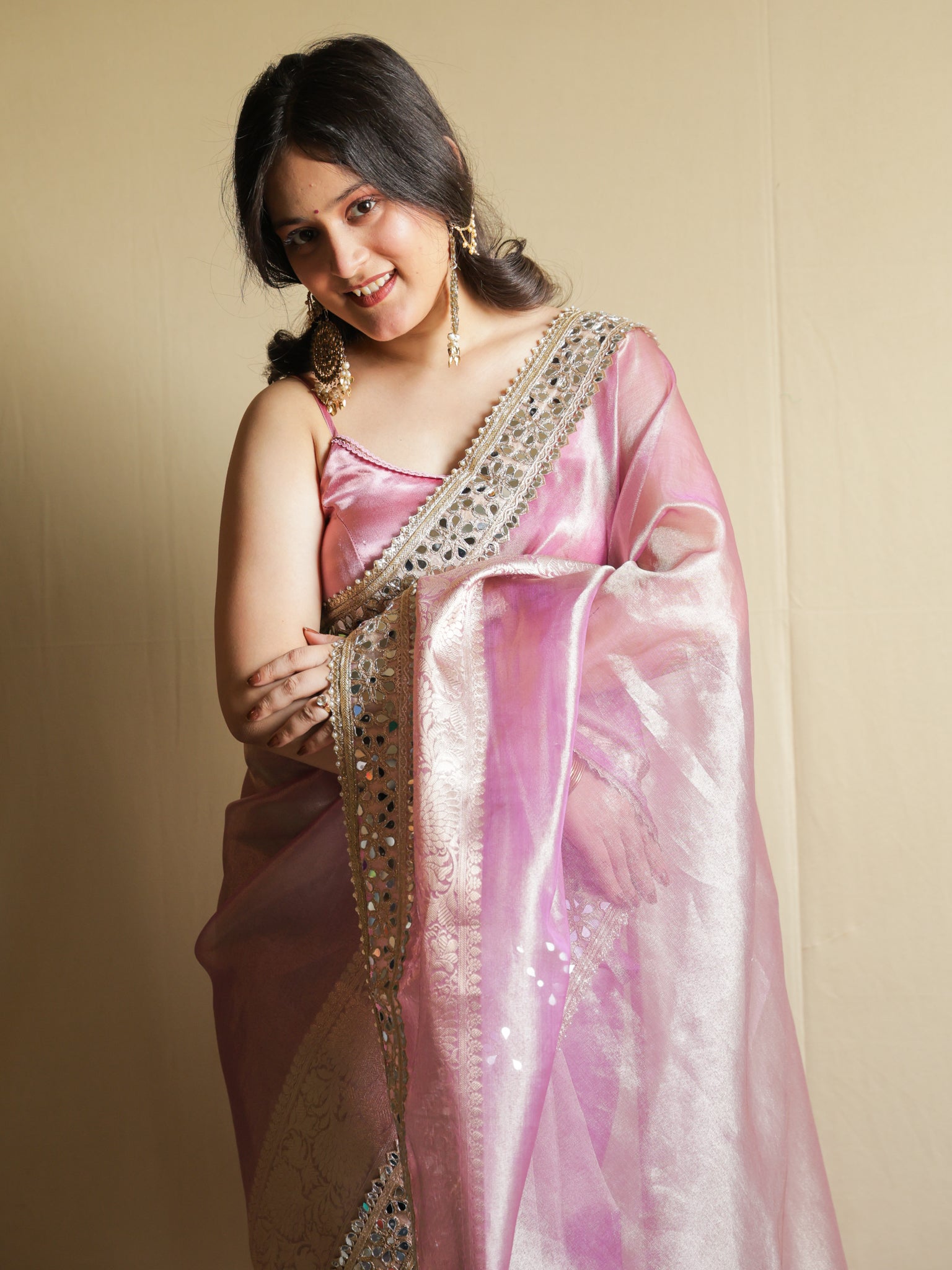 Banarasi Plain Tissue Saree with Mirror Lace Border - Pink