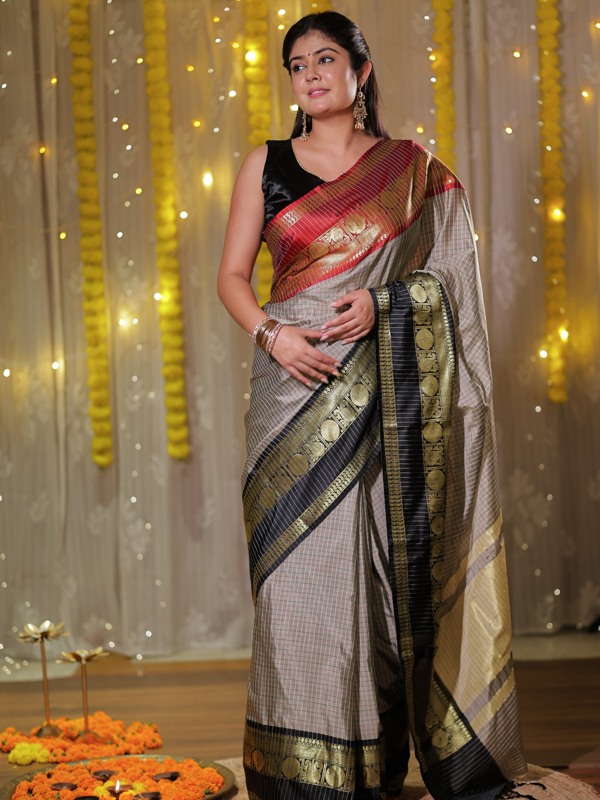 Banarasi Semi Silk Saree with Zari Weaving & Contrast Border- Grey