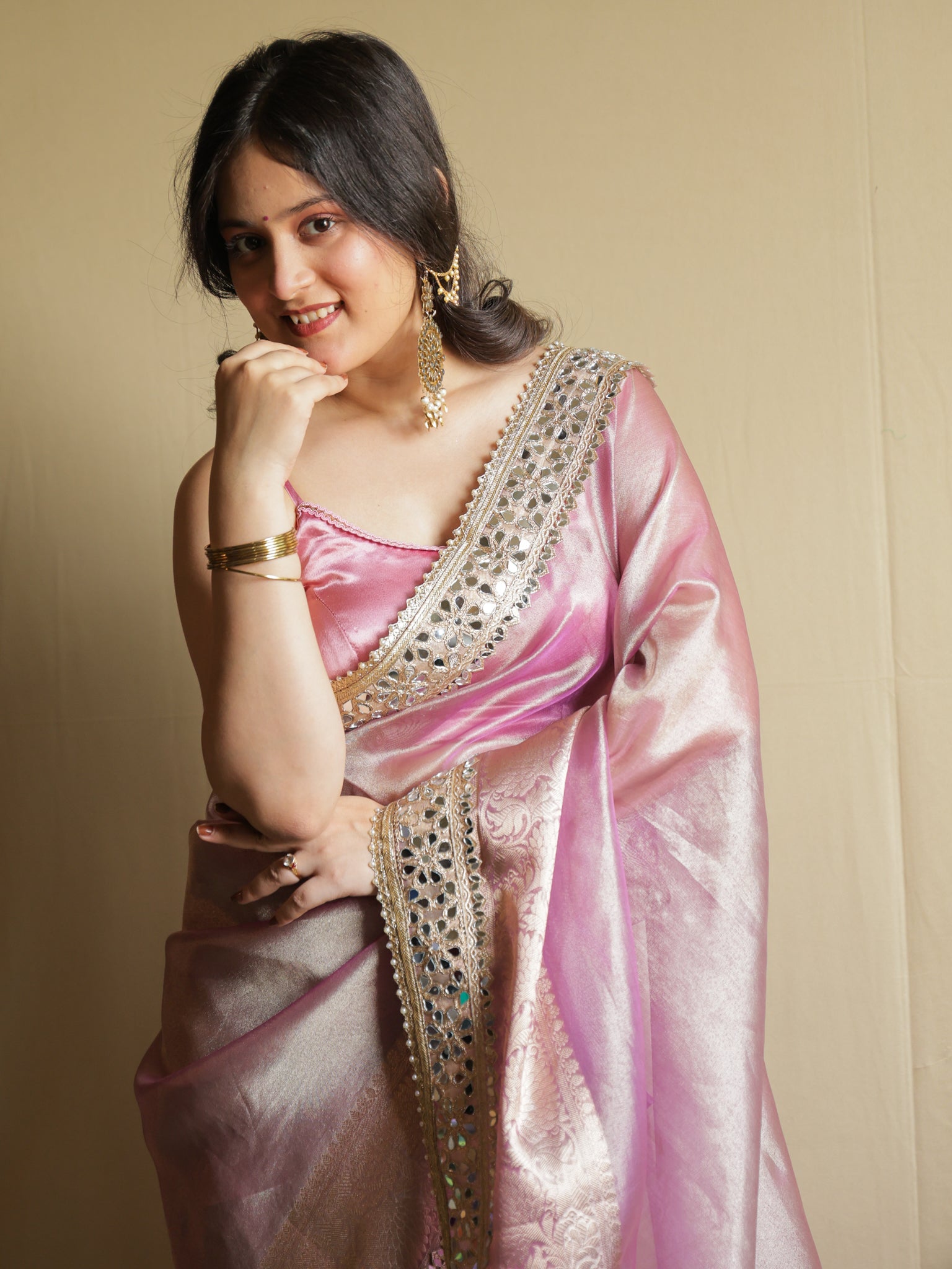 Banarasi Plain Tissue Saree with Mirror Lace Border - Pink