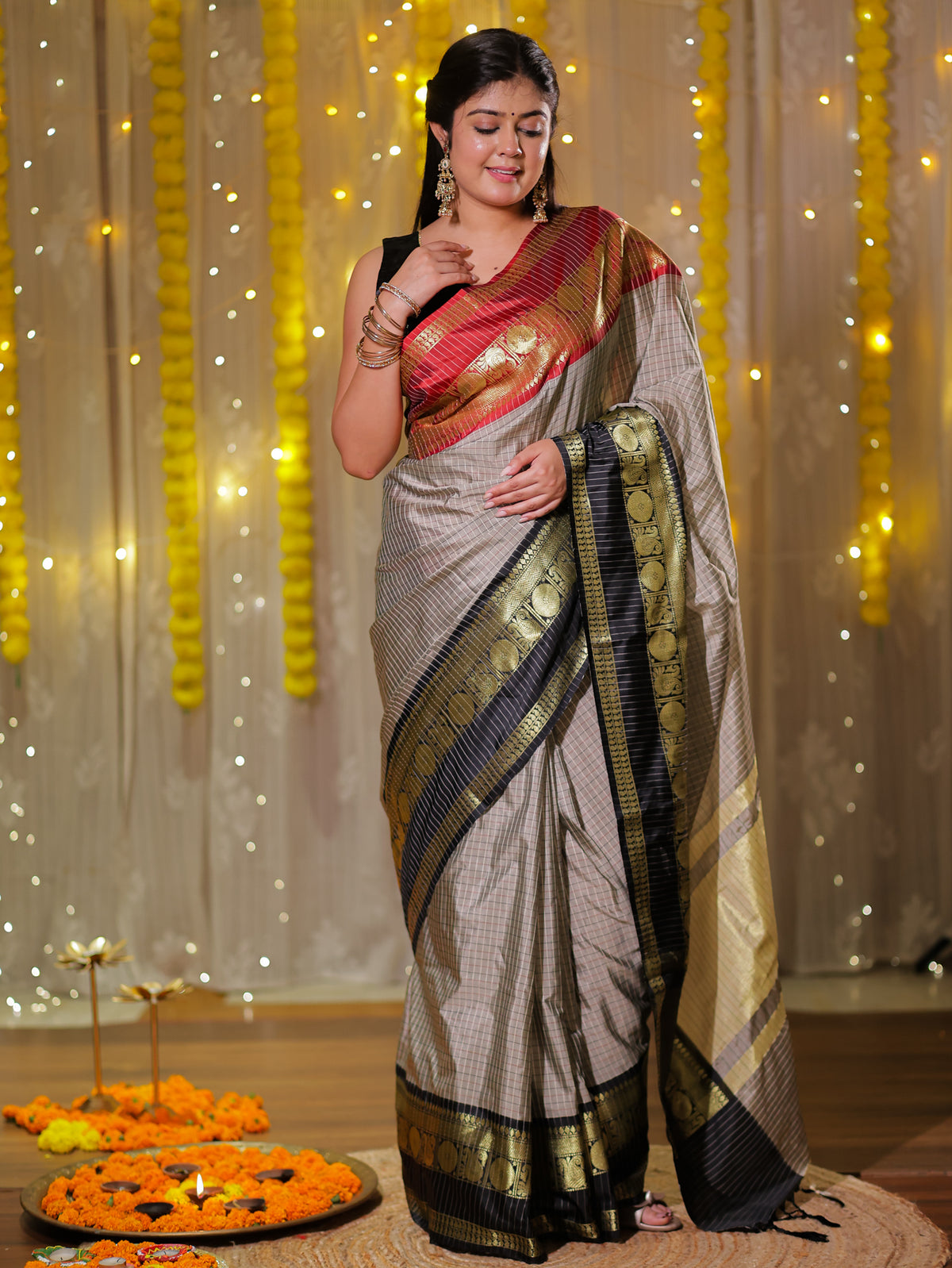 Banarasi Semi Silk Saree with Zari Weaving & Contrast Border- Grey