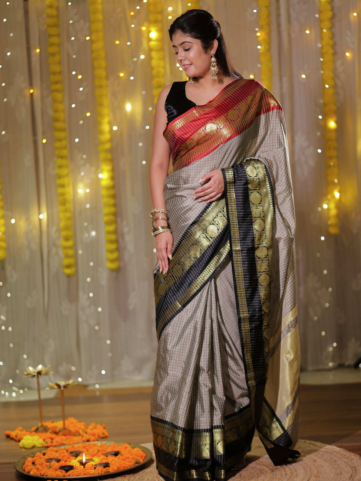 Banarasi Semi Silk Saree with Zari Weaving & Contrast Border- Grey