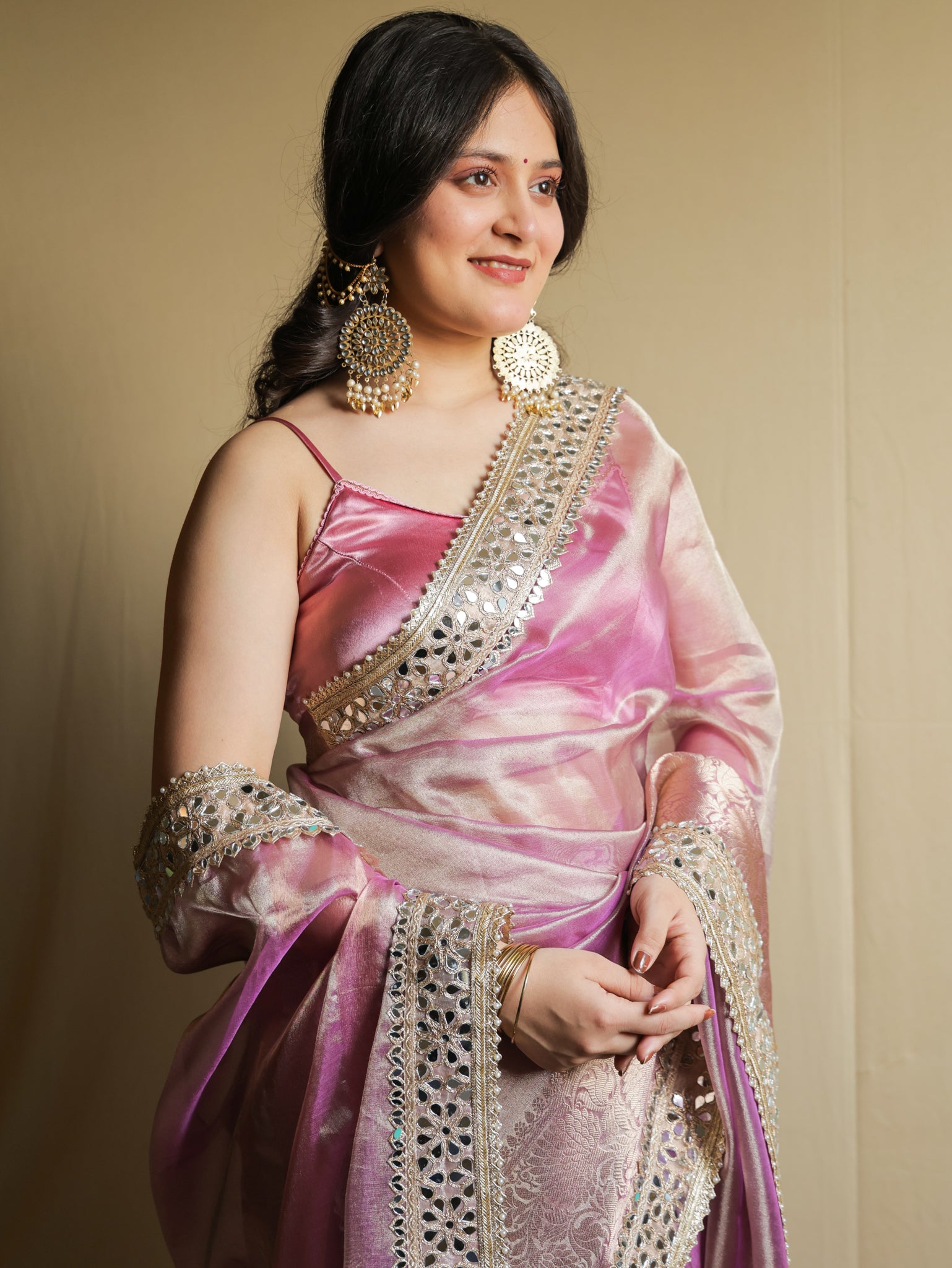 Banarasi Plain Tissue Saree with Mirror Lace Border - Pink