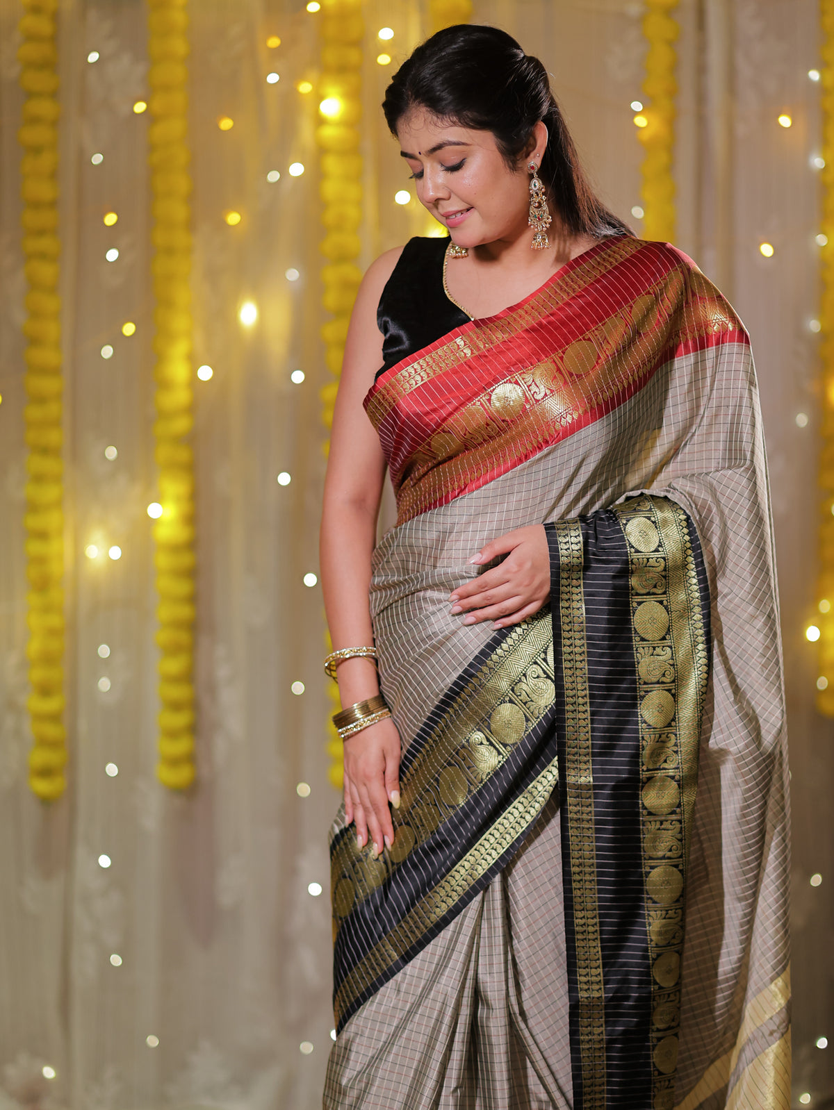 Banarasi Semi Silk Saree with Zari Weaving & Contrast Border- Grey