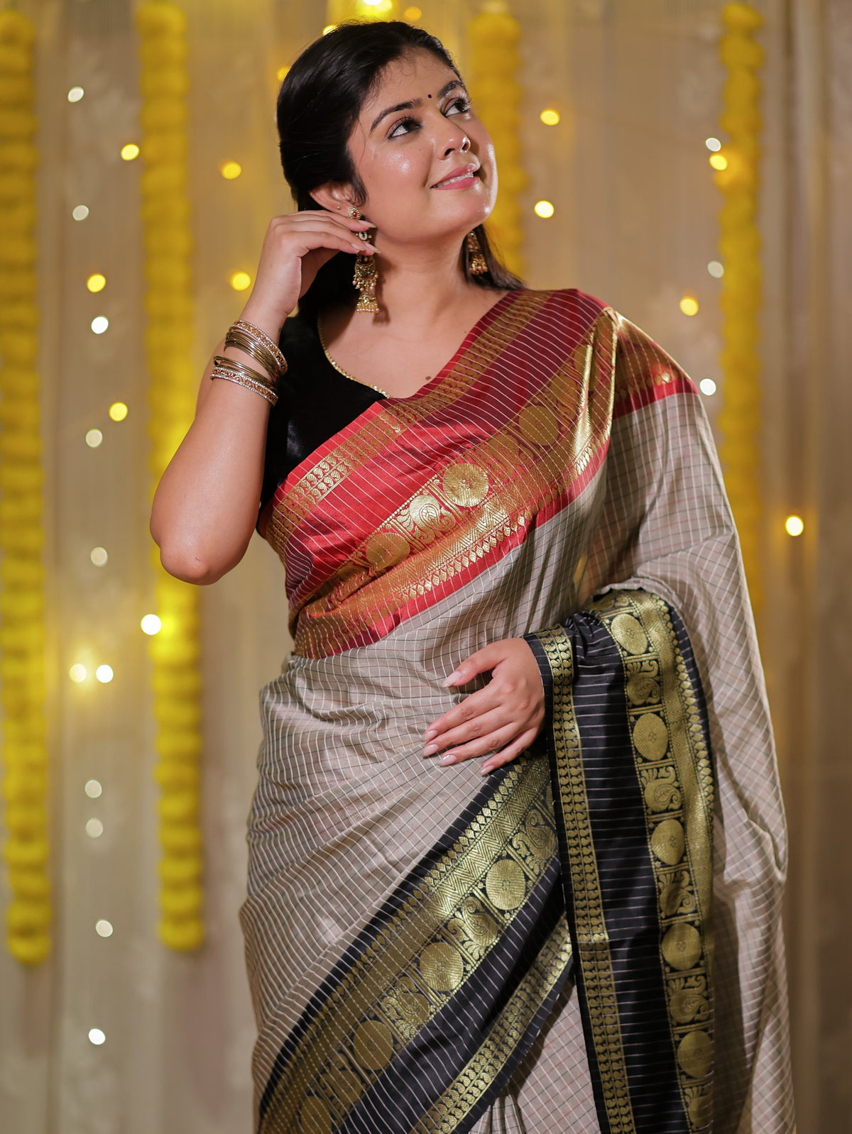 Banarasi Semi Silk Saree with Zari Weaving & Contrast Border- Grey