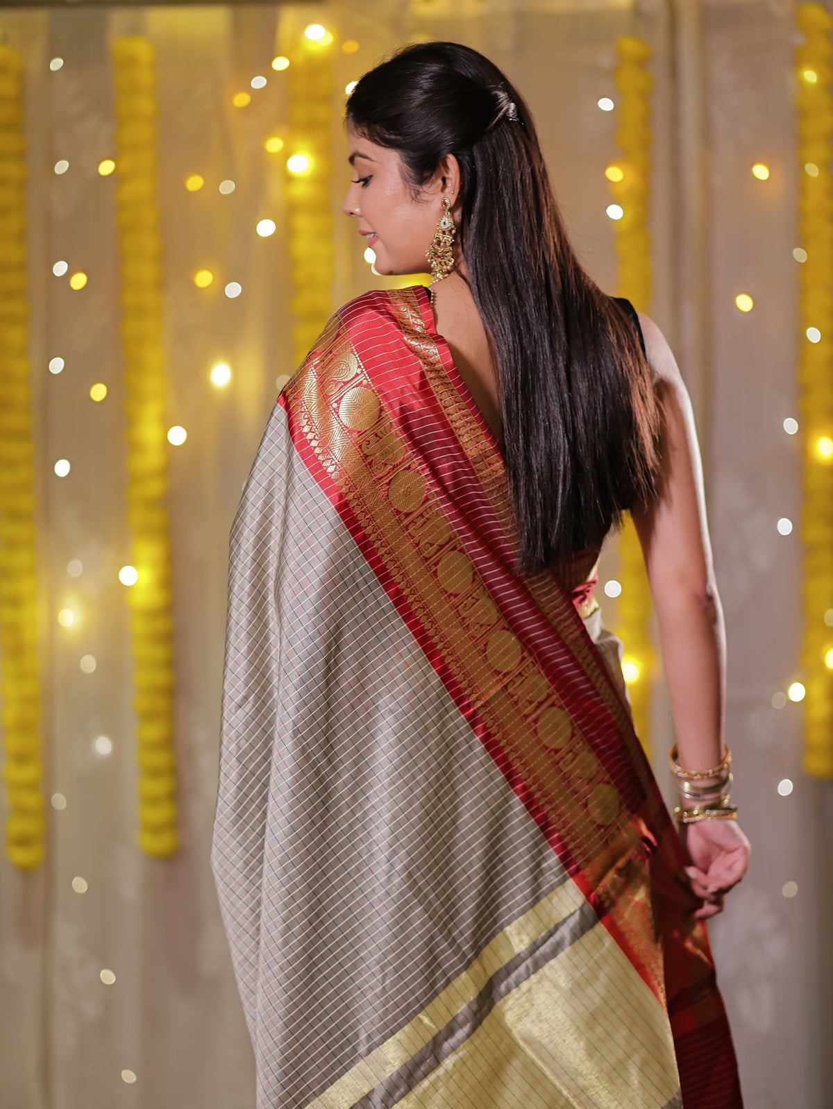 Banarasi Semi Silk Saree with Zari Weaving & Contrast Border- Grey