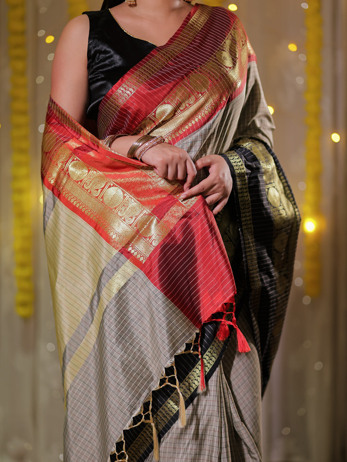 Banarasi Semi Silk Saree with Zari Weaving & Contrast Border- Grey