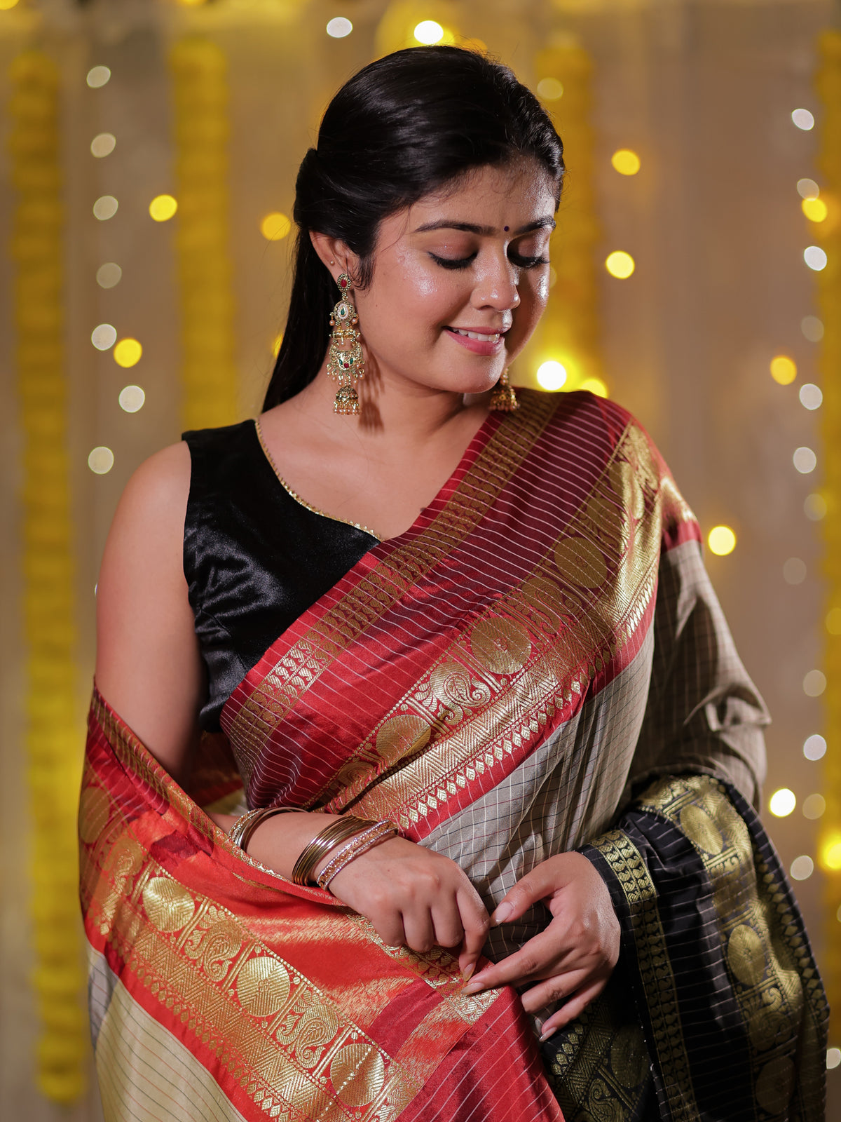 Banarasi Semi Silk Saree with Zari Weaving & Contrast Border- Grey